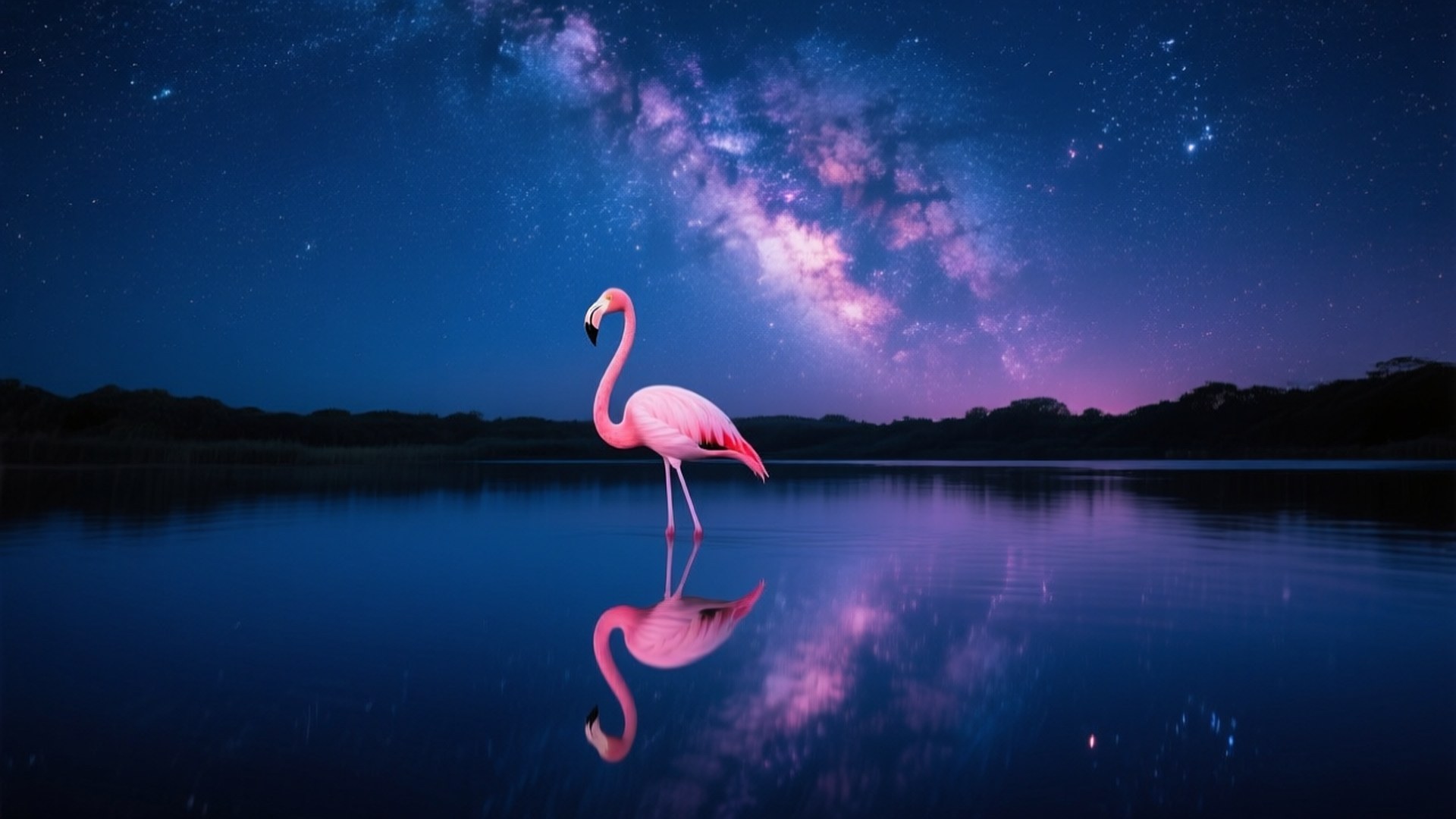 一隻粉紅色火烈鳥站在水中，星空下，有銀河反射