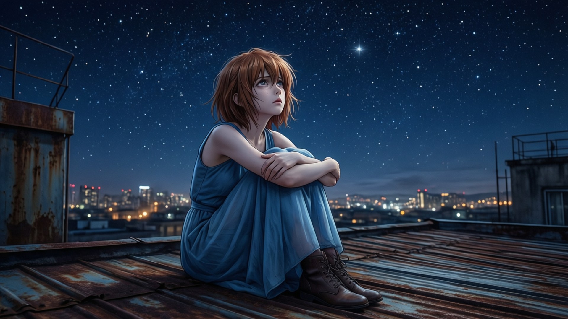 一位年輕女子在夜晚獨自坐在屋頂上仰望星空。