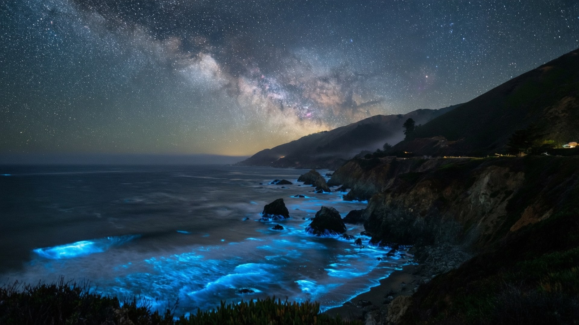 星夜生物發光 壁紙 — 繁星點點的夜空籠罩著發光的藍色生物發光海洋，拍打著黑暗的懸崖。
