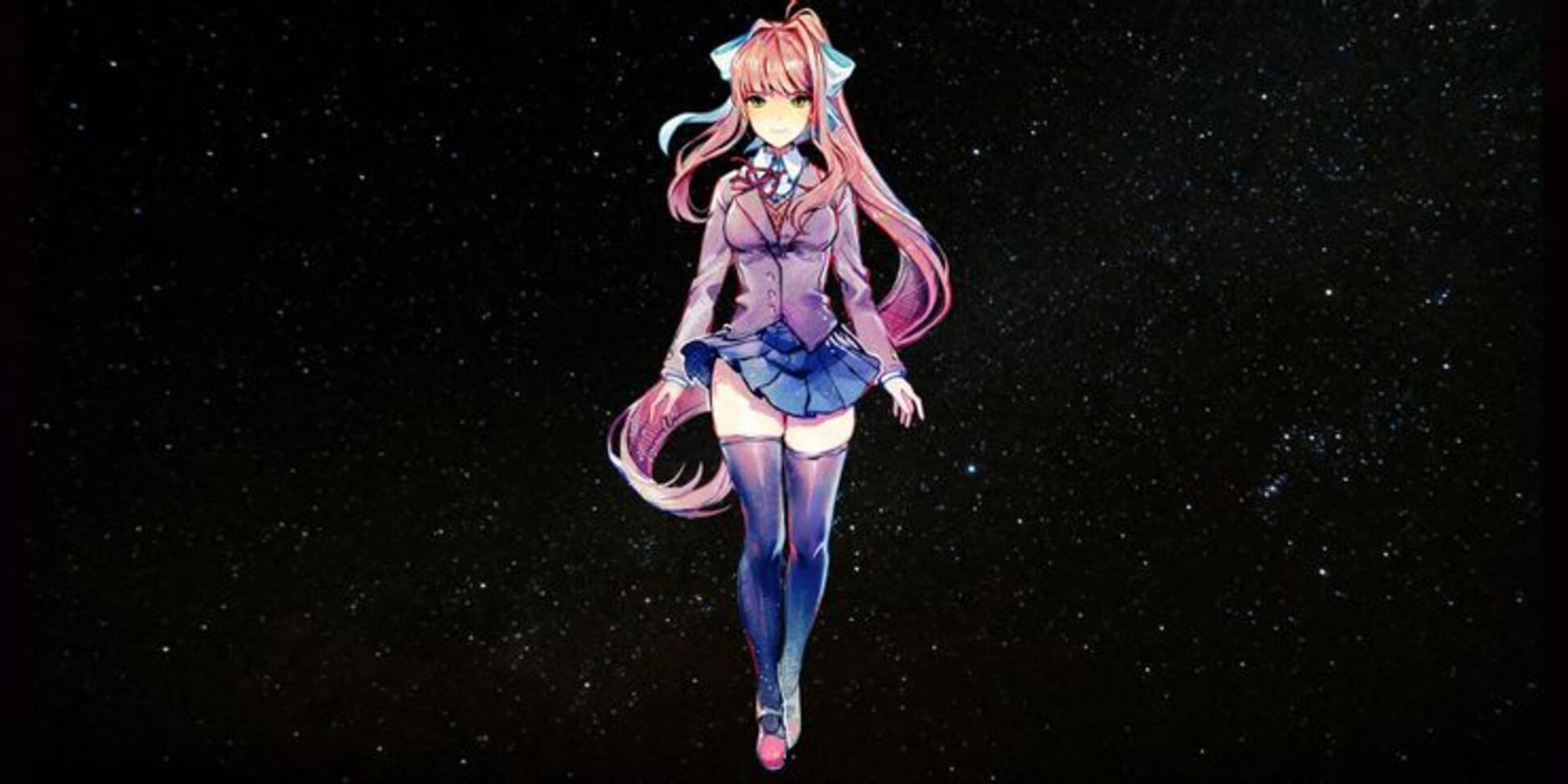 粉紅色頭髮的動漫女孩穿著校服漂浮在繁星點點的太空。 — 俱樂部 壁紙