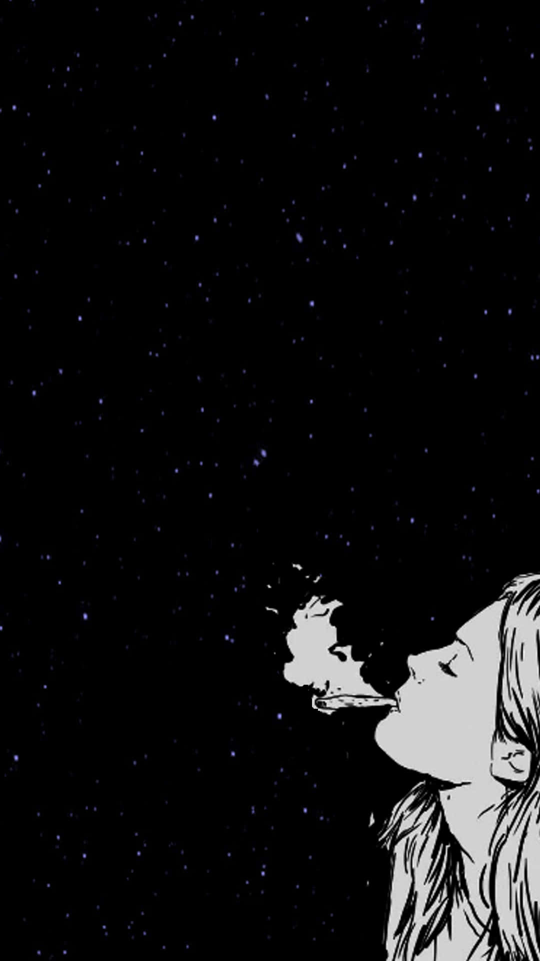 女性在星空夜空下呼出煙霧，黑白。