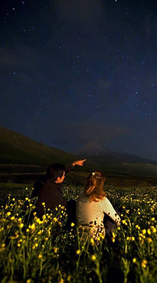 兩個人坐在黃色花田裡，指著山上的星星。