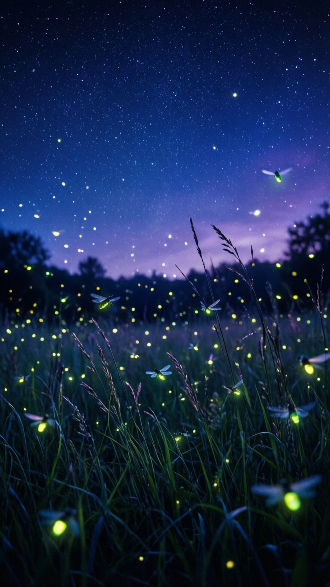 星夜螢火草地 壁紙 — 繁星點點的暮色天空，下方是螢火蟲在高草叢中閃爍飛舞的田野。