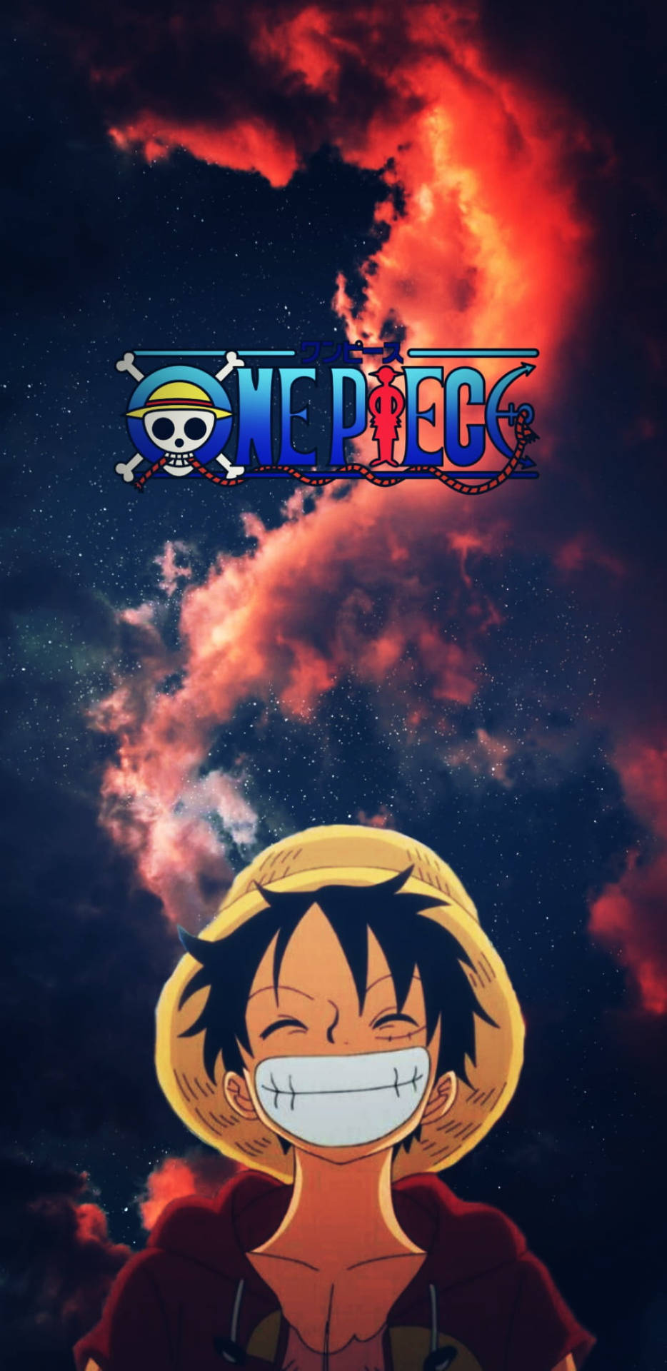 星夜路飛美學（附One Piece標誌） 壁紙 — 一個戴草帽的開朗動畫男孩在火紅和深藍色的天空下微笑，上面有One Piece標誌。