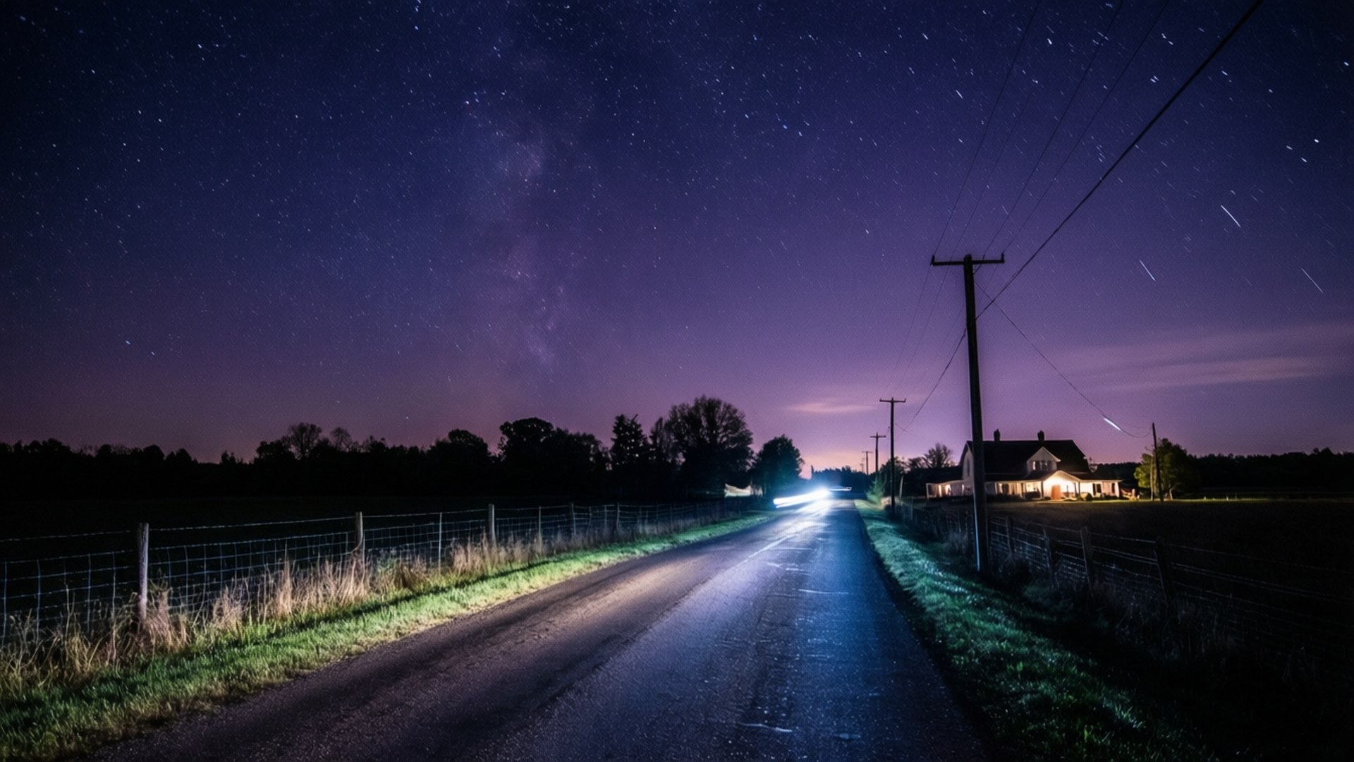 一輛汽車在星空下的夜間行駛在鄉間小路上，可見房屋和圍欄。