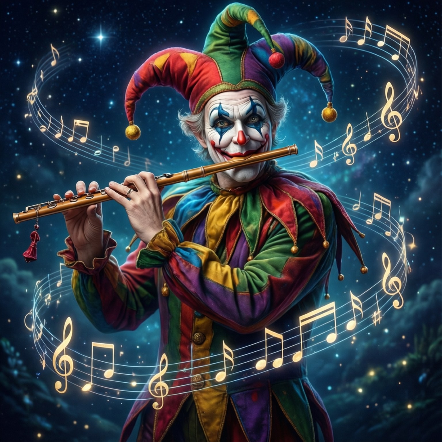 星夜長笛演奏 壁紙 — 一個穿著彩虹服裝的小丑吹奏長笛，金色的音符在繁星點點的夜空中旋轉。