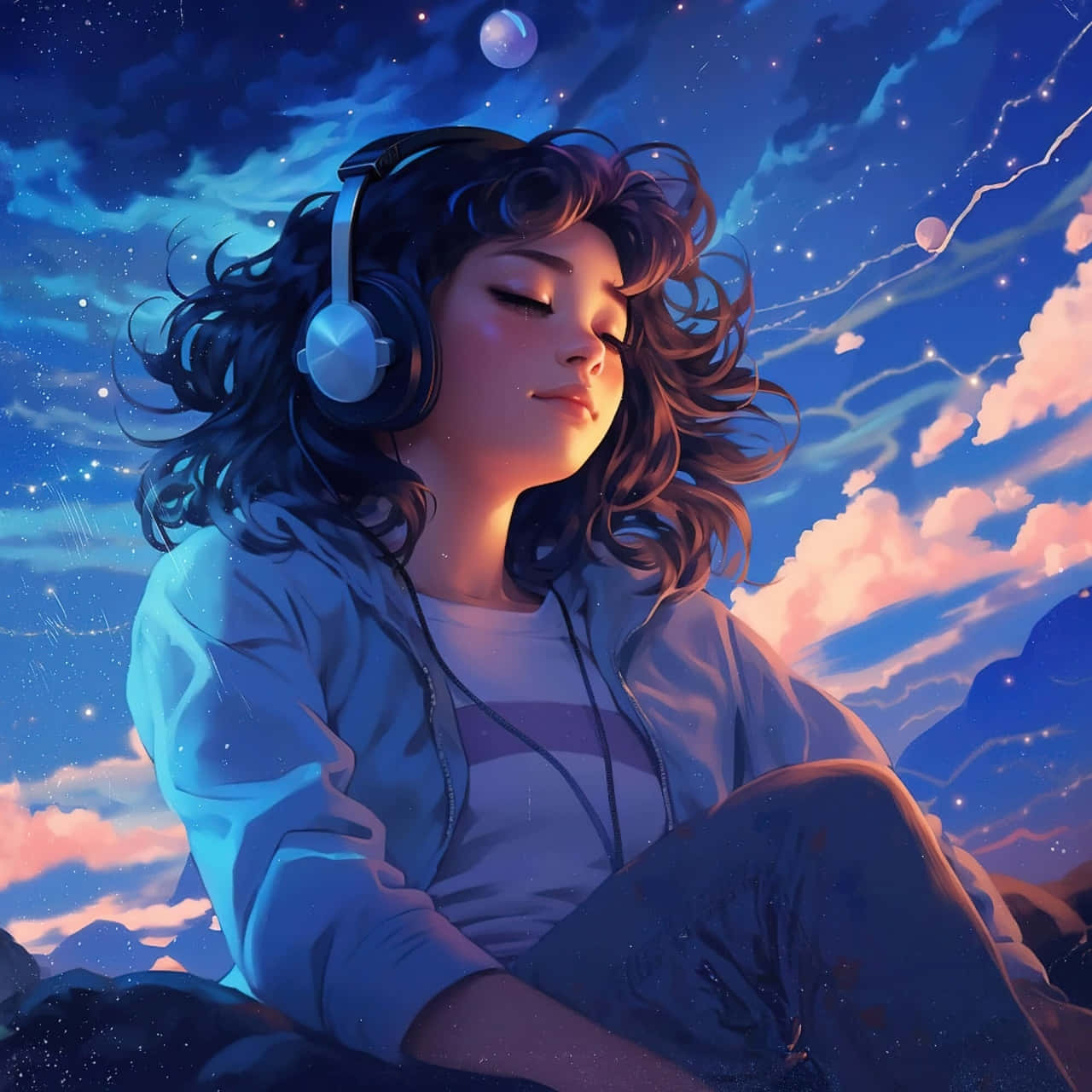 星夜音樂逃脫 壁紙 — 一位戴著耳機的年輕女性靜靜地坐在星光燦爛的暮色天空下，周圍有發光的雲朵和漂浮的球體。