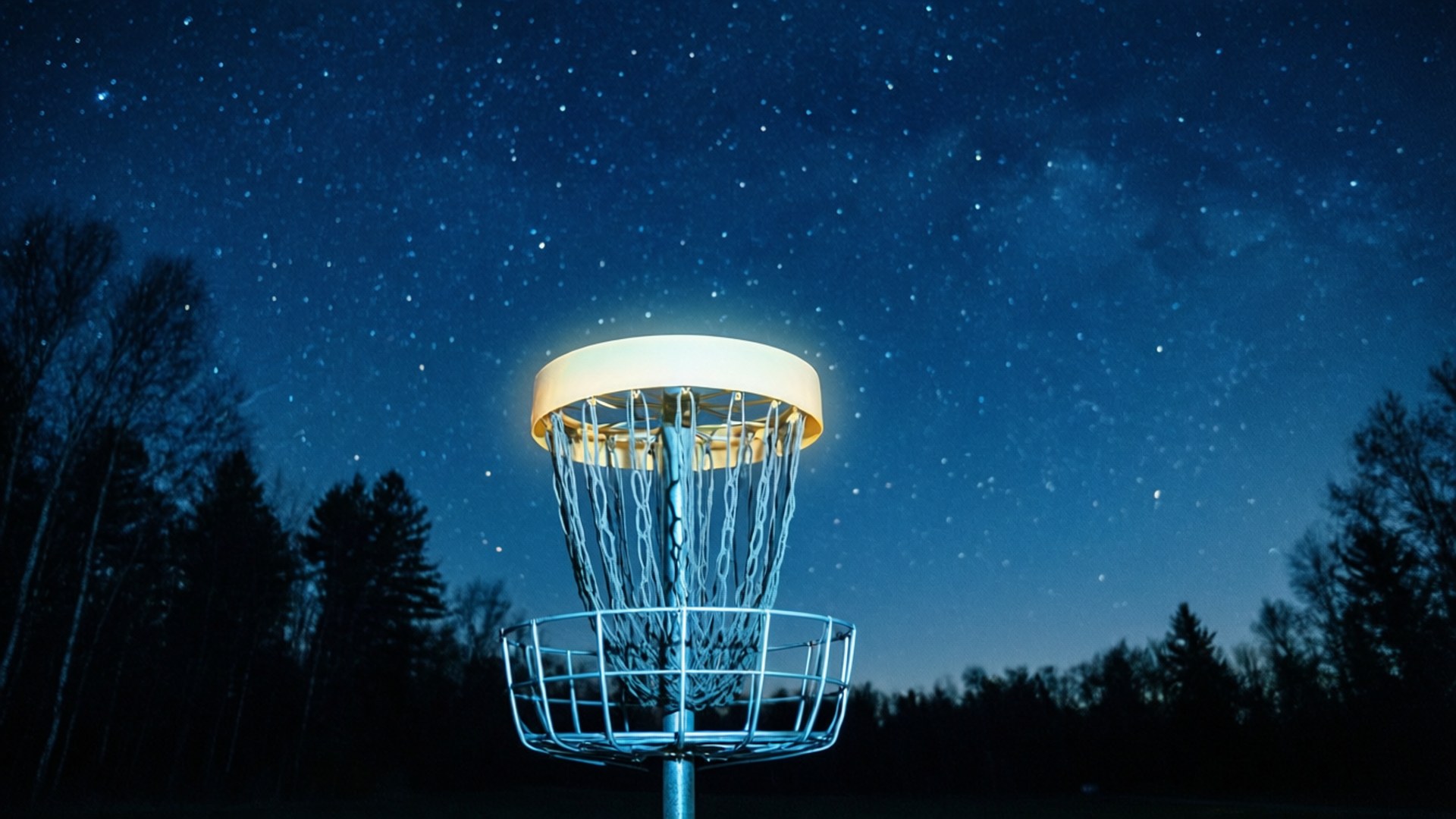 星夜飛盤籃 壁紙 — 一個發光的飛盤高爾夫球籃矗立在星空下，背景是剪影般的樹木。