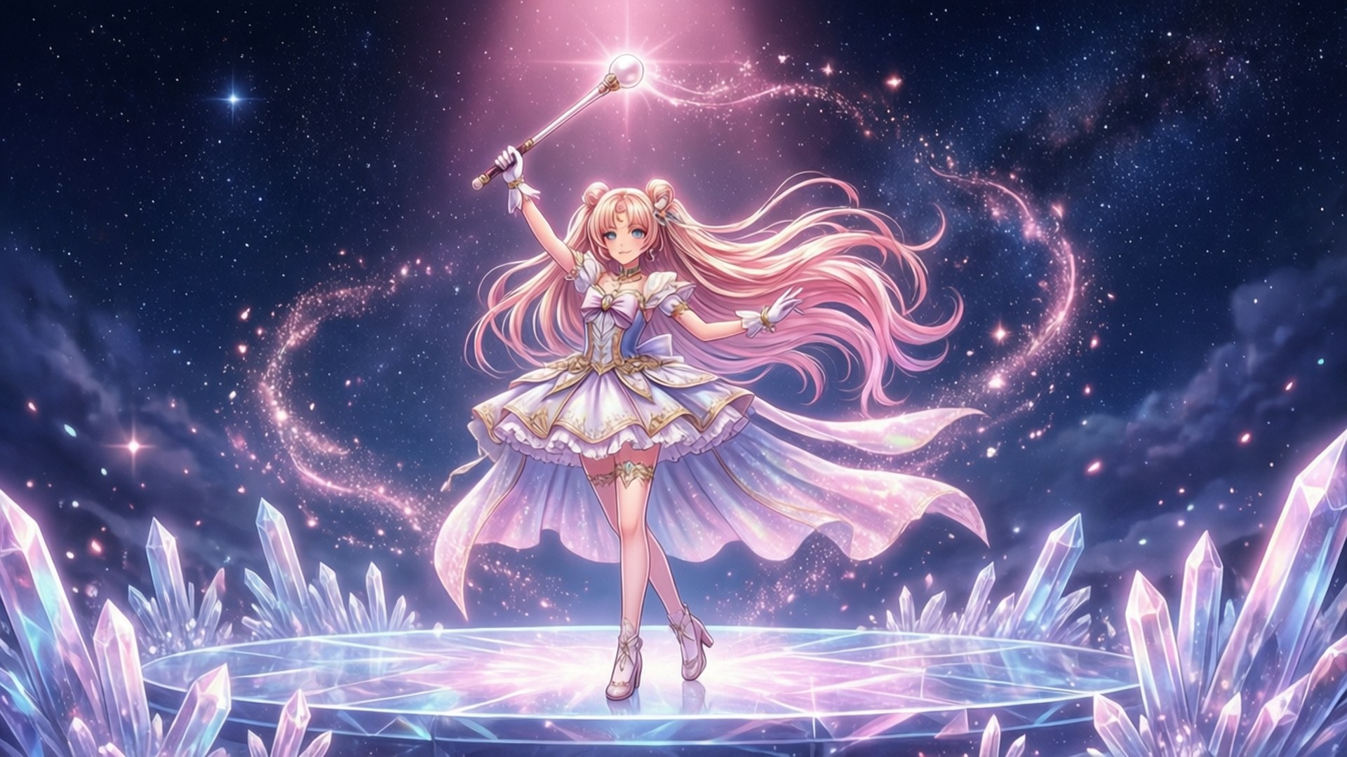 穿著粉紅色連衣裙的動漫女孩在星空下在水晶平台上揮舞魔法杖