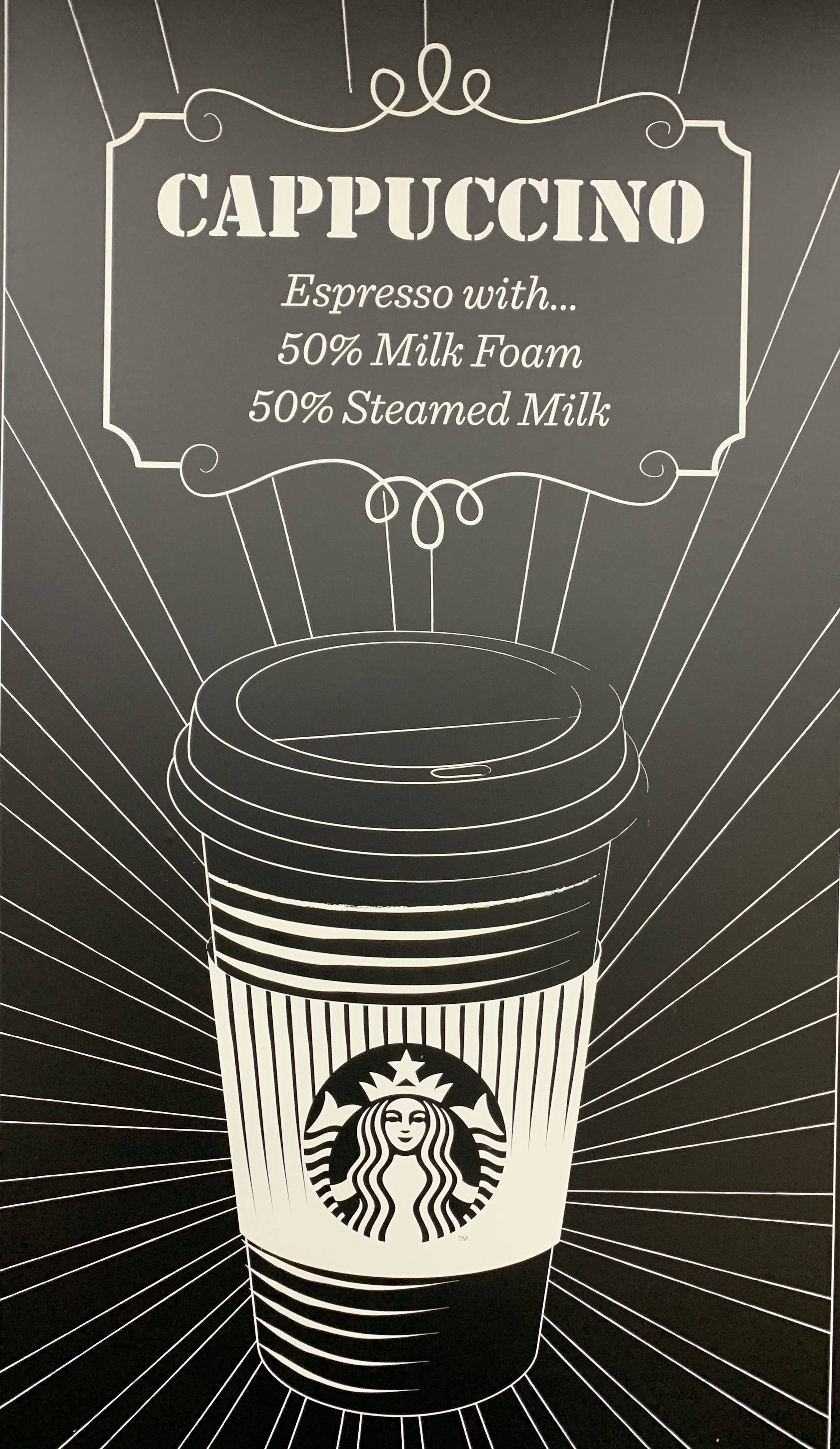 星巴克 桌布 壁紙 — 星巴克卡布奇諾杯的黑白風格插圖，帶有放射線和詳細說明其5050奶泡成分的文字。