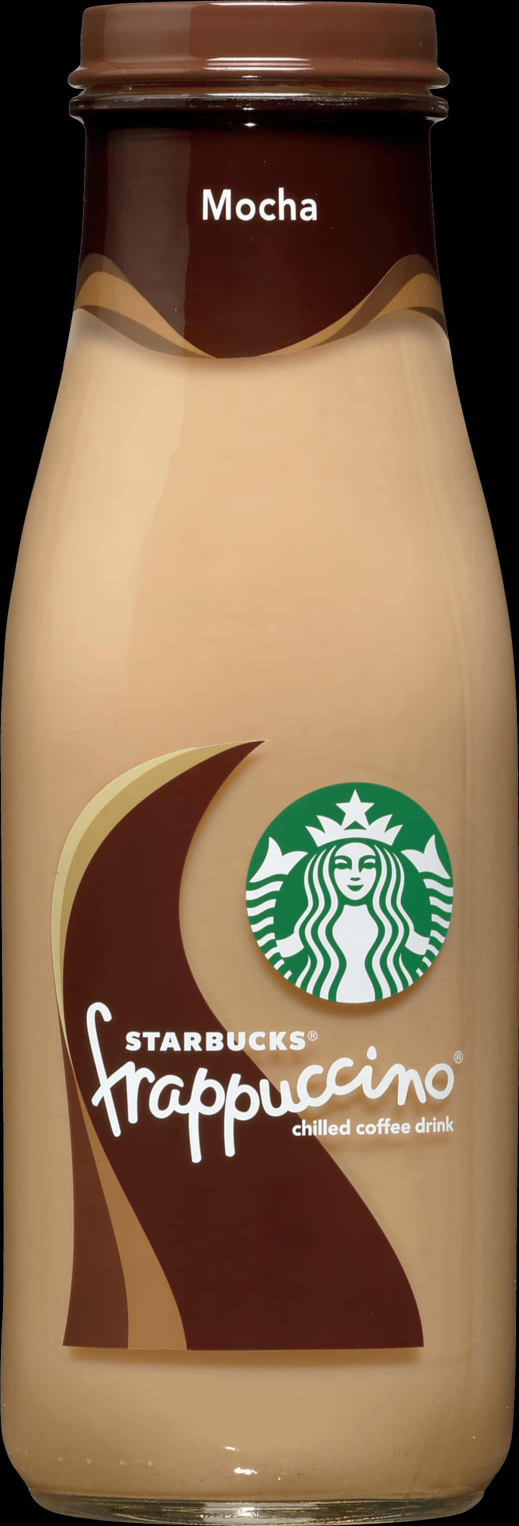 星巴克摩卡星冰樂瓶裝 壁紙 — 特寫鏡頭：Starbucks Mocha Frappuccino 瓶裝飲品，呈現奶油色液體和棕色漩渦，背景為黑色。