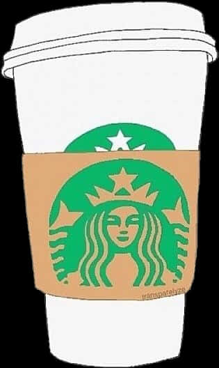 星巴克杯身標誌 壁紙 — 一個白色Starbucks咖啡杯，帶有綠色海妖標誌，放在棕色杯套上，背景為黑色。