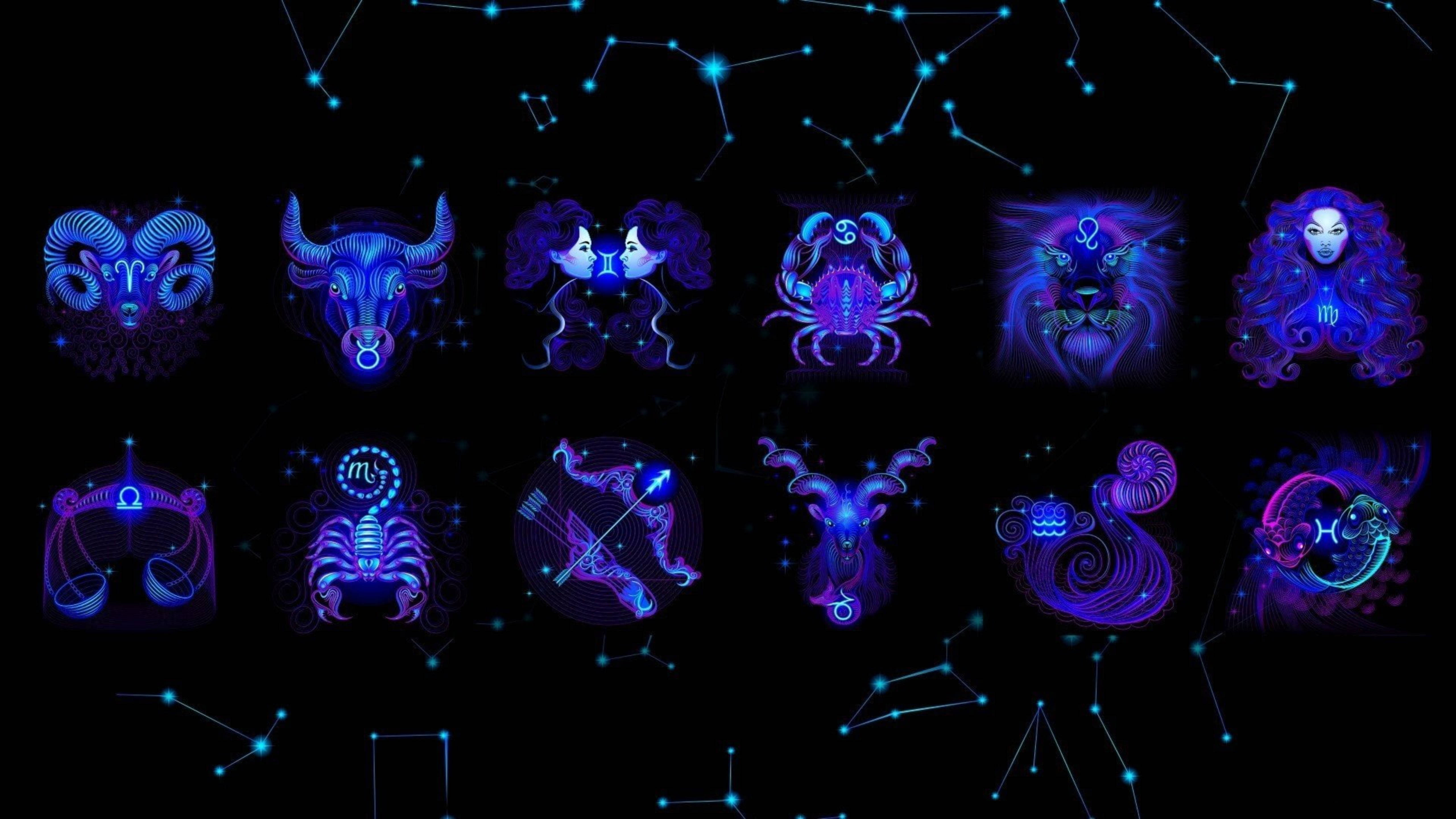 星座幻想美學 壁紙 — 充滿活力的霓虹藍色和紫色星座符號在帶有星座線的星空黑色背景上發光。