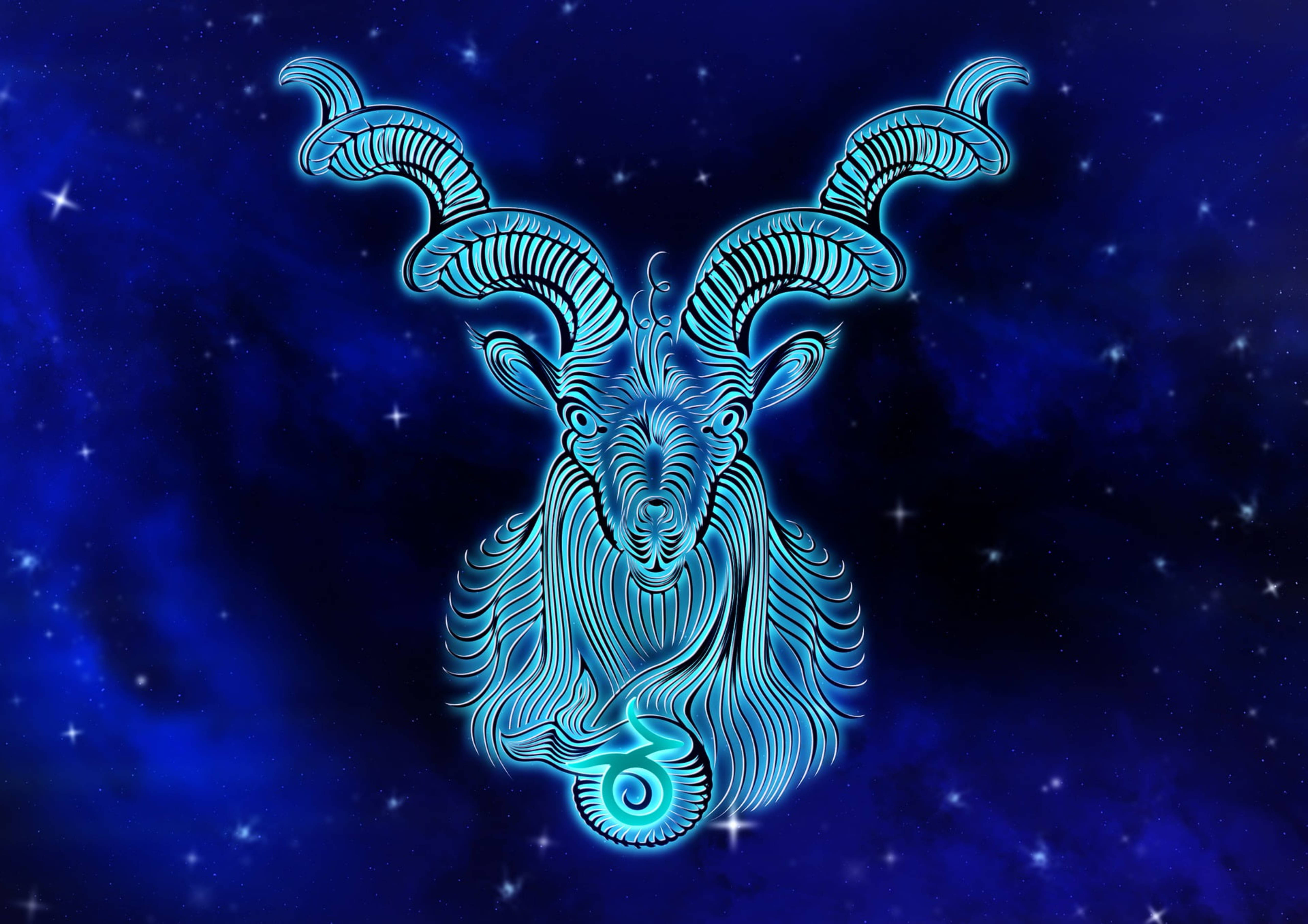 星座摩羯座 壁紙 — 一個發光的藍色線條藝術公羊頭，帶有螺旋角，漂浮在星空宇宙背景上。