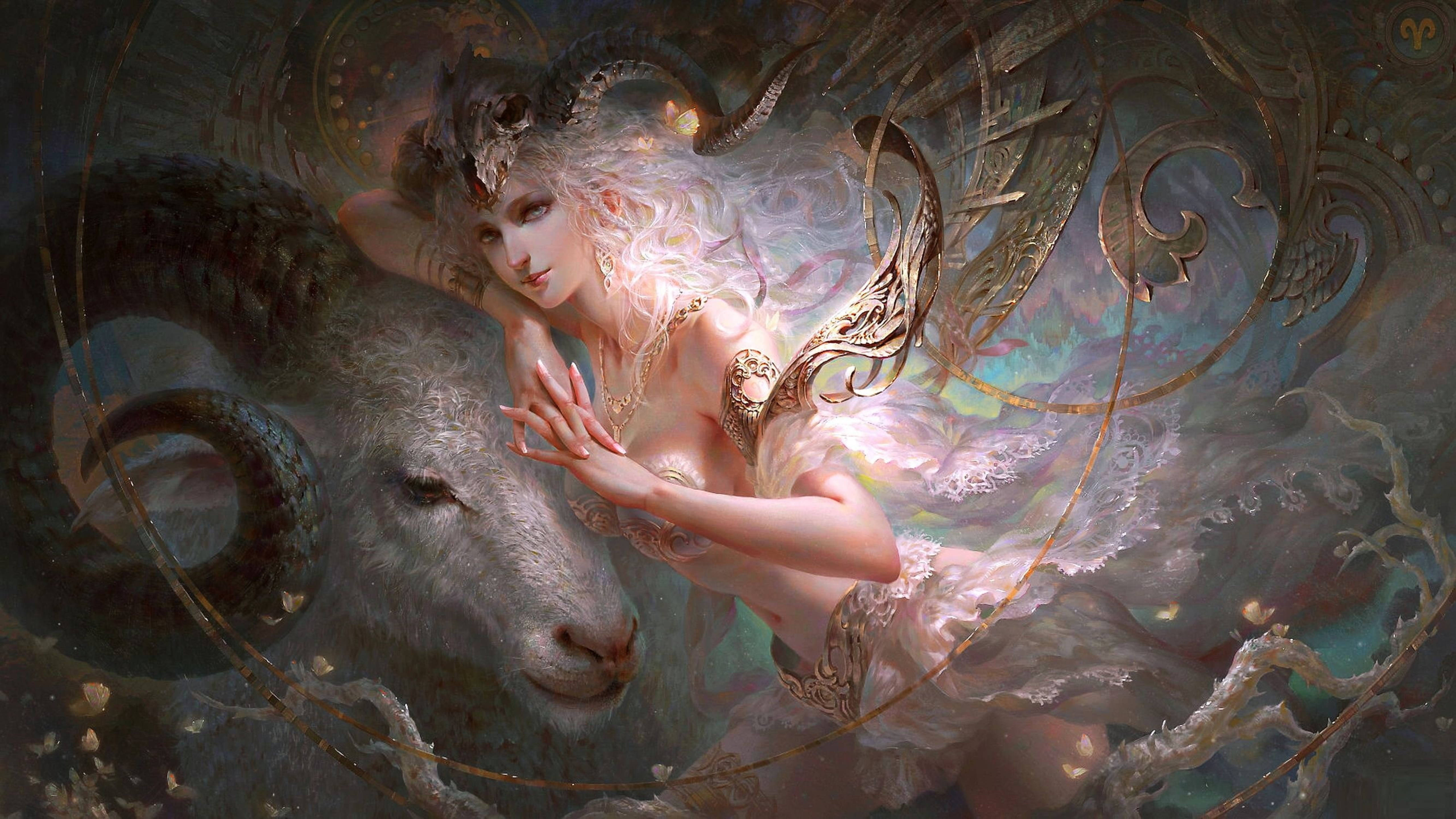 星座摩羯座靈性 壁紙 — 一位發光空靈的女子，擁有飄逸的白髮和華麗的金色翅膀，在旋轉的神秘圖案中輕輕觸碰一隻雄偉的公羊。