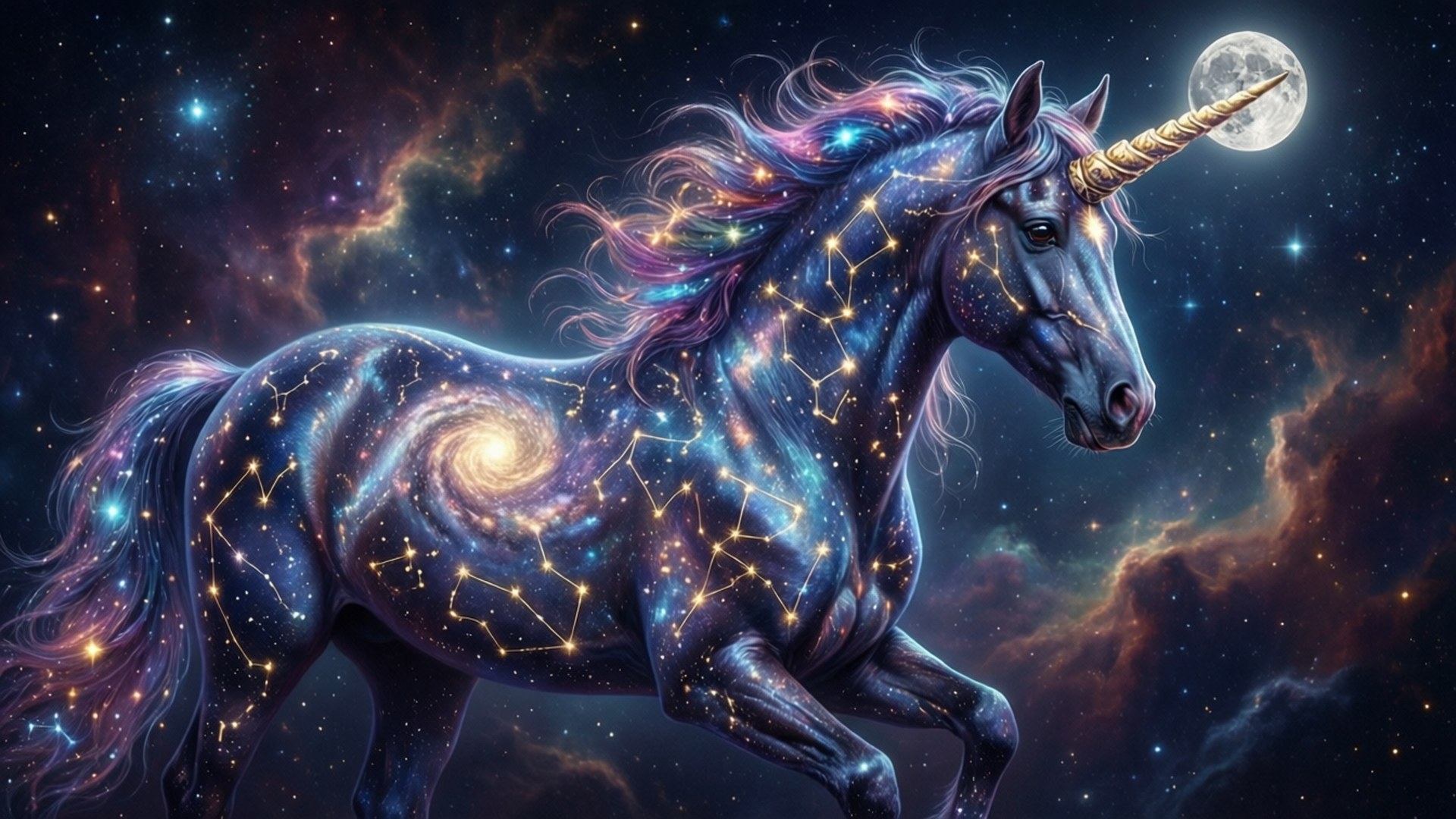 星座獨角獸 壁紙 — 一頭雄偉的宇宙獨角獸奔騰在繁星點點的星雲中，身側有發光的螺旋星系，背後有一輪滿月。
