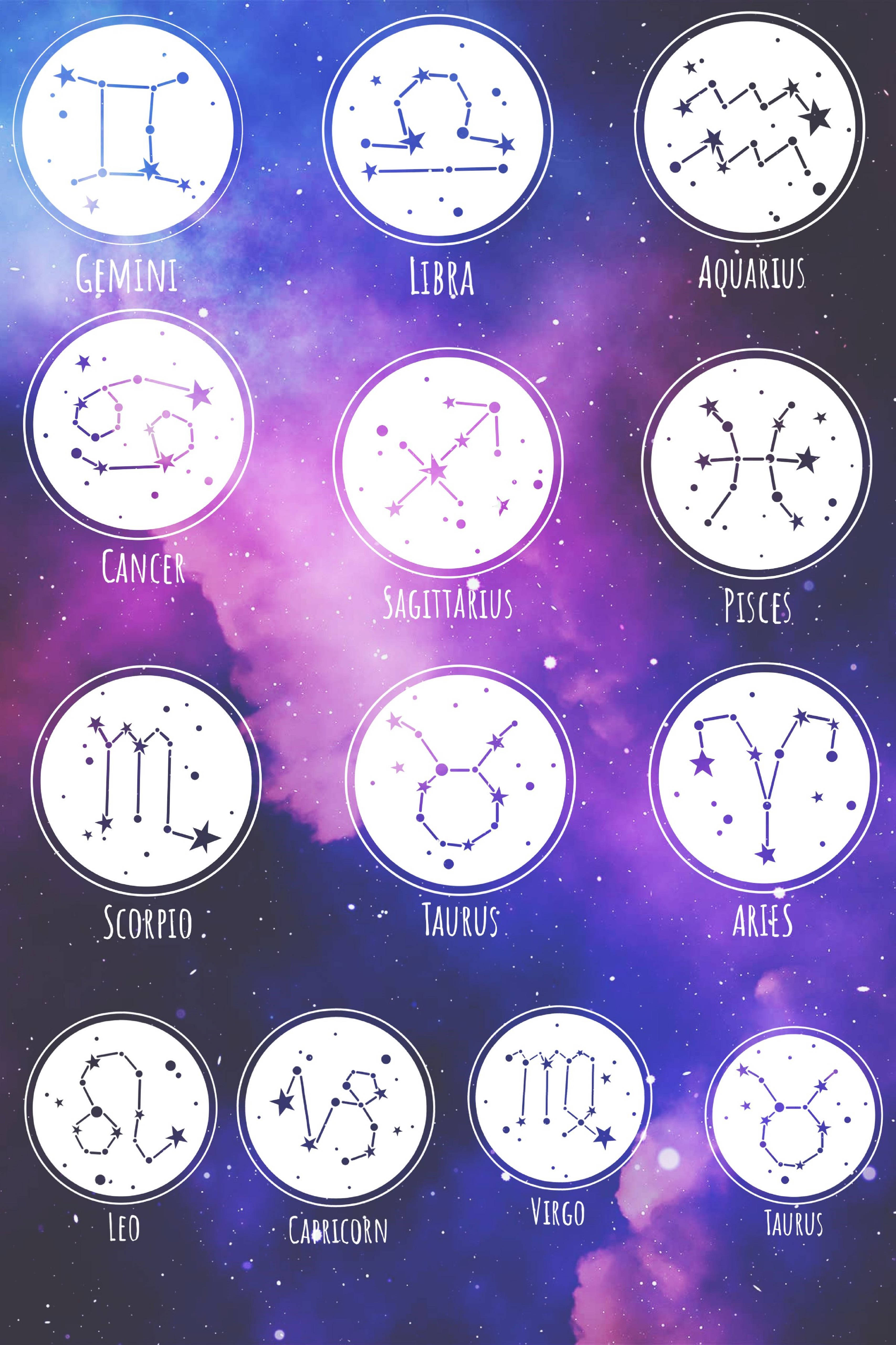 星座甜美美學 壁紙 — 十二個星座以白色圓圈呈現，漂浮在充滿活力的紫色和藍色宇宙星雲背景上。