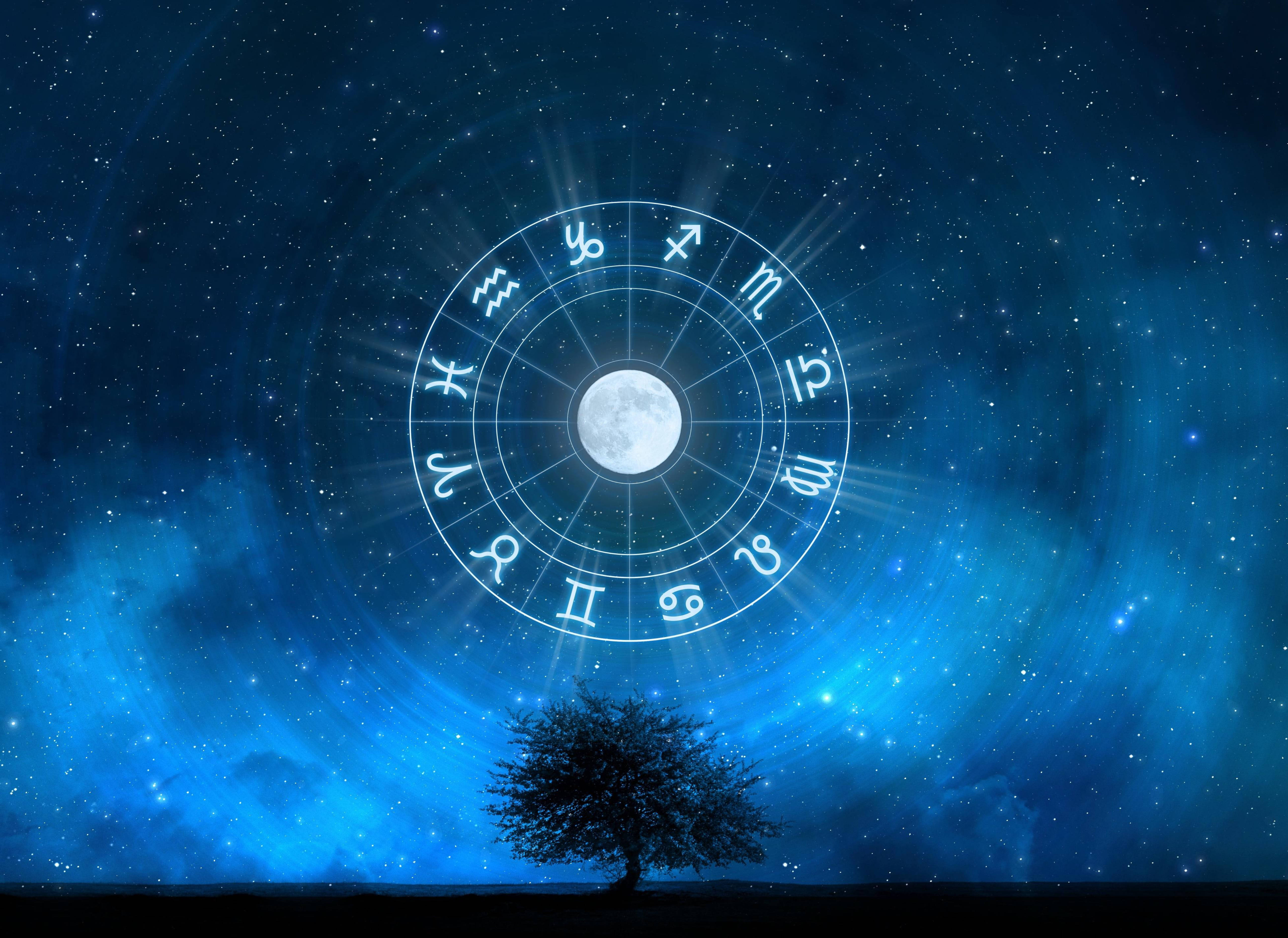 星座符號星空 壁紙 — 一棵孤獨的樹在滿月為中心的發光黃道輪下剪影，背景是繁星點點的藍色夜空。