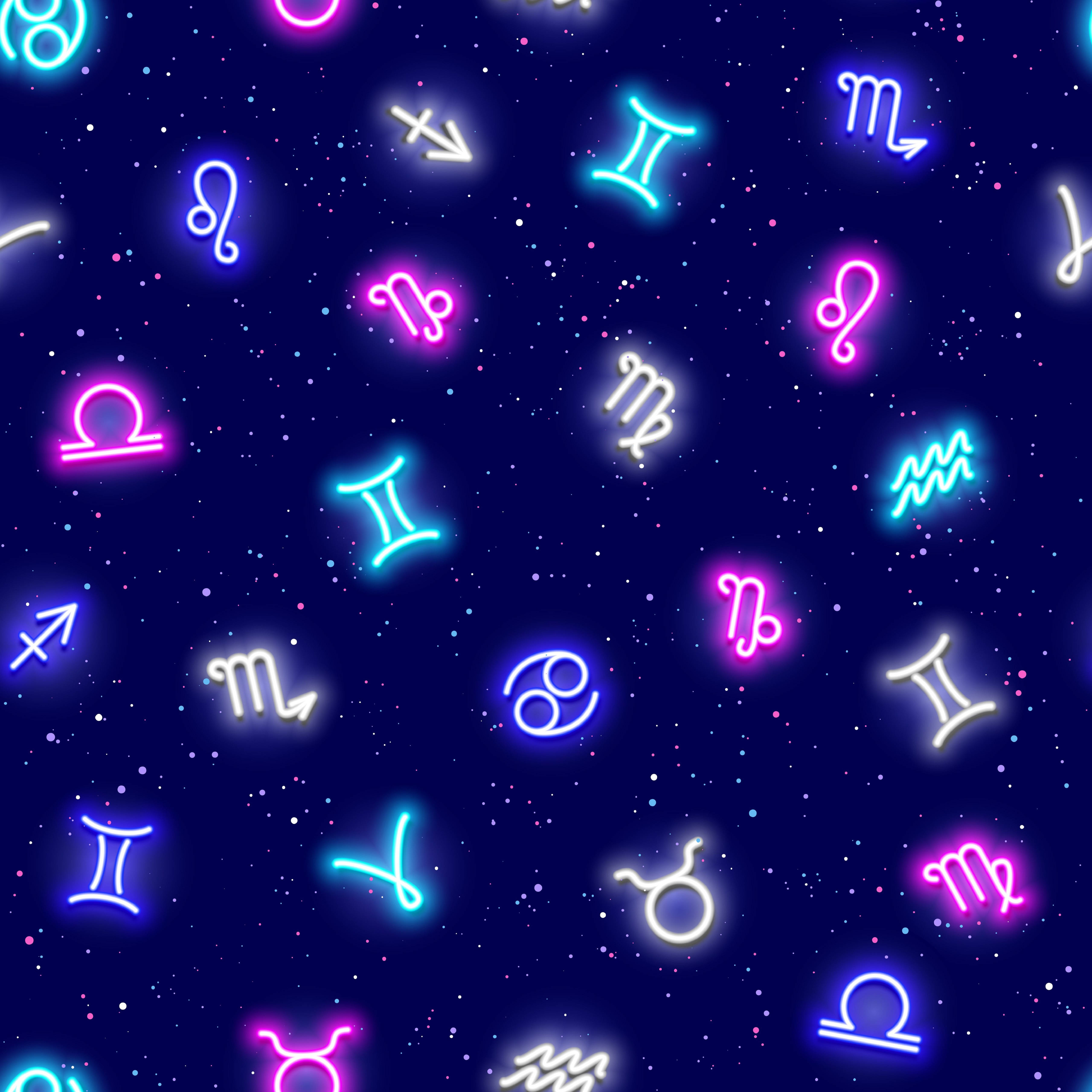 星座符號美學圖案 壁紙 — 充滿活力的霓虹星座符號在星光燦爛的宇宙夜空中以重複圖案發光。