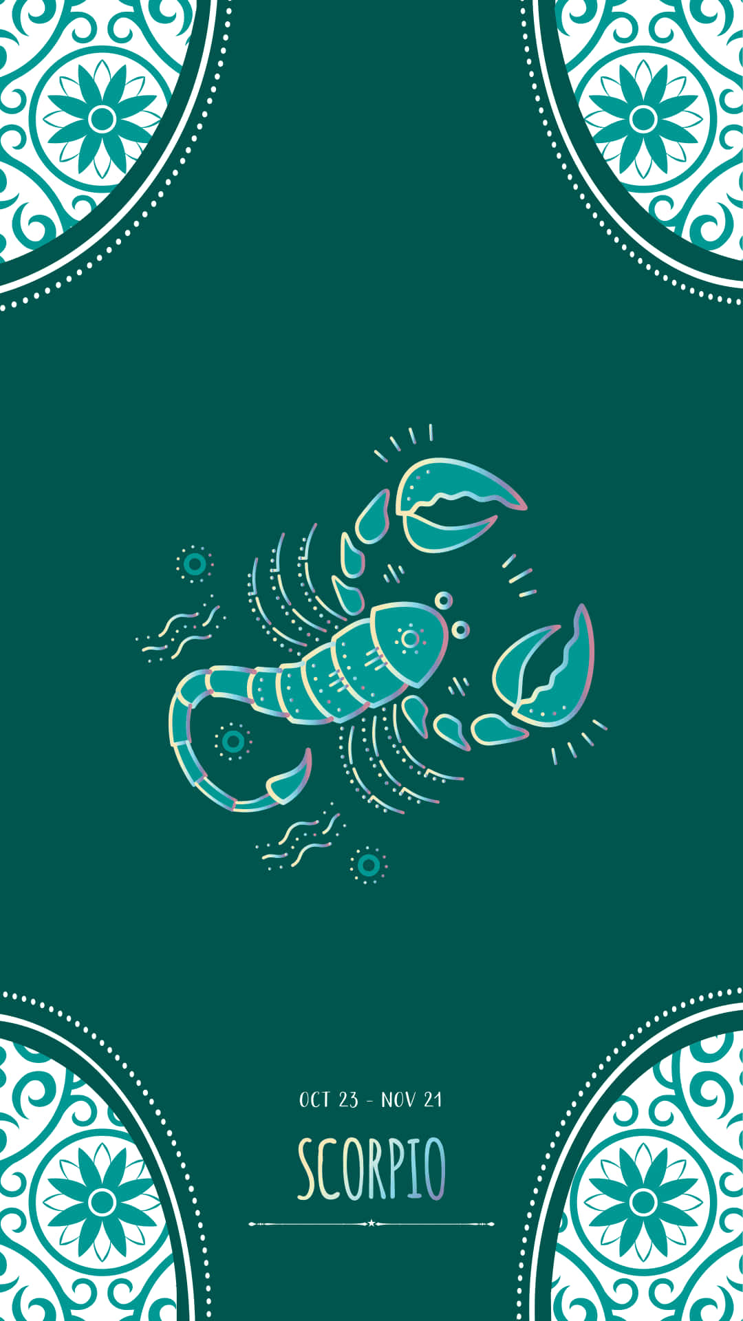 星座靈感 - 讓神秘Scorpio符號成為你的iPhone壁紙 壁紙 — 一個風格化的青綠色蠍子插圖，居中於深綠色背景上，角落有華麗的圓形曼陀羅圖案。