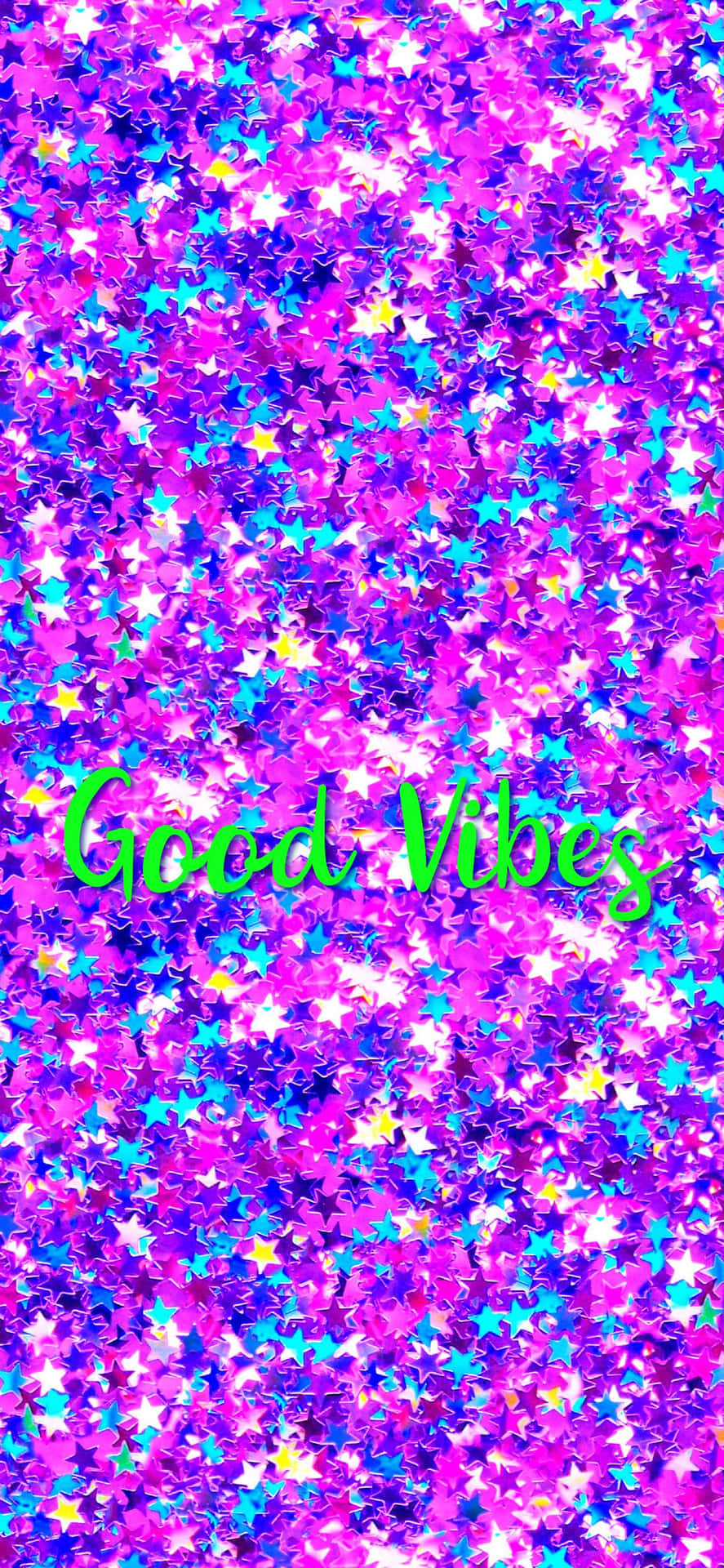 閃爍的紫色和藍色星星閃粉背景，帶有綠色 Good Vibes 文字。