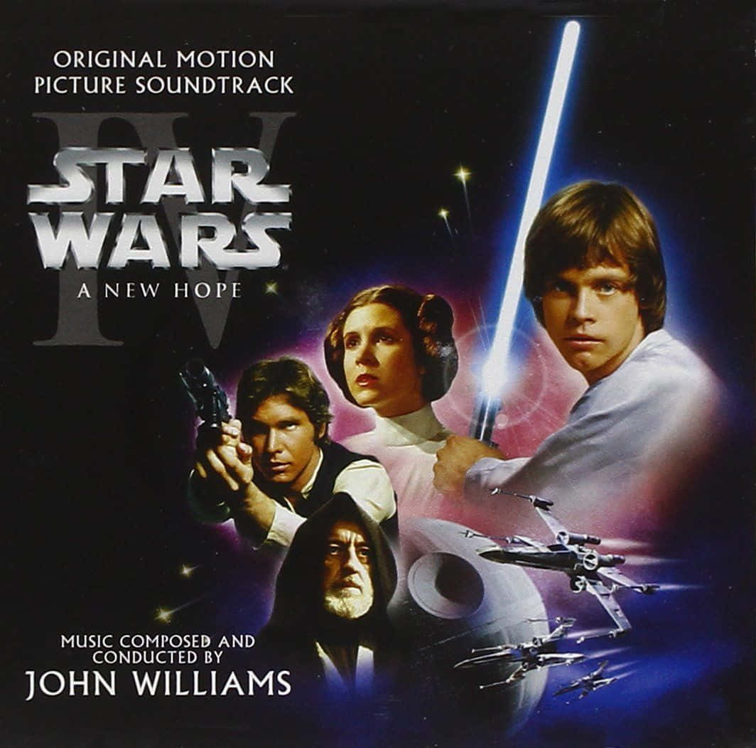 A New Hope 桌布 壁紙 — 星戰海報， featuring Luke Skywalker 手持藍色光劍，Princess Leia，Han Solo 和 Obi-Wan Kenobi，背景係星空宇宙，有 X-Wings 同 Death Star。