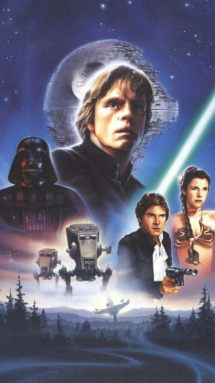 Return Of The Jedi 桌布 壁紙 — 星戰角色包括Luke Skywalker、Darth Vader和Princess Leia站在星空背景下，下方有死星和AT-AT步行機。