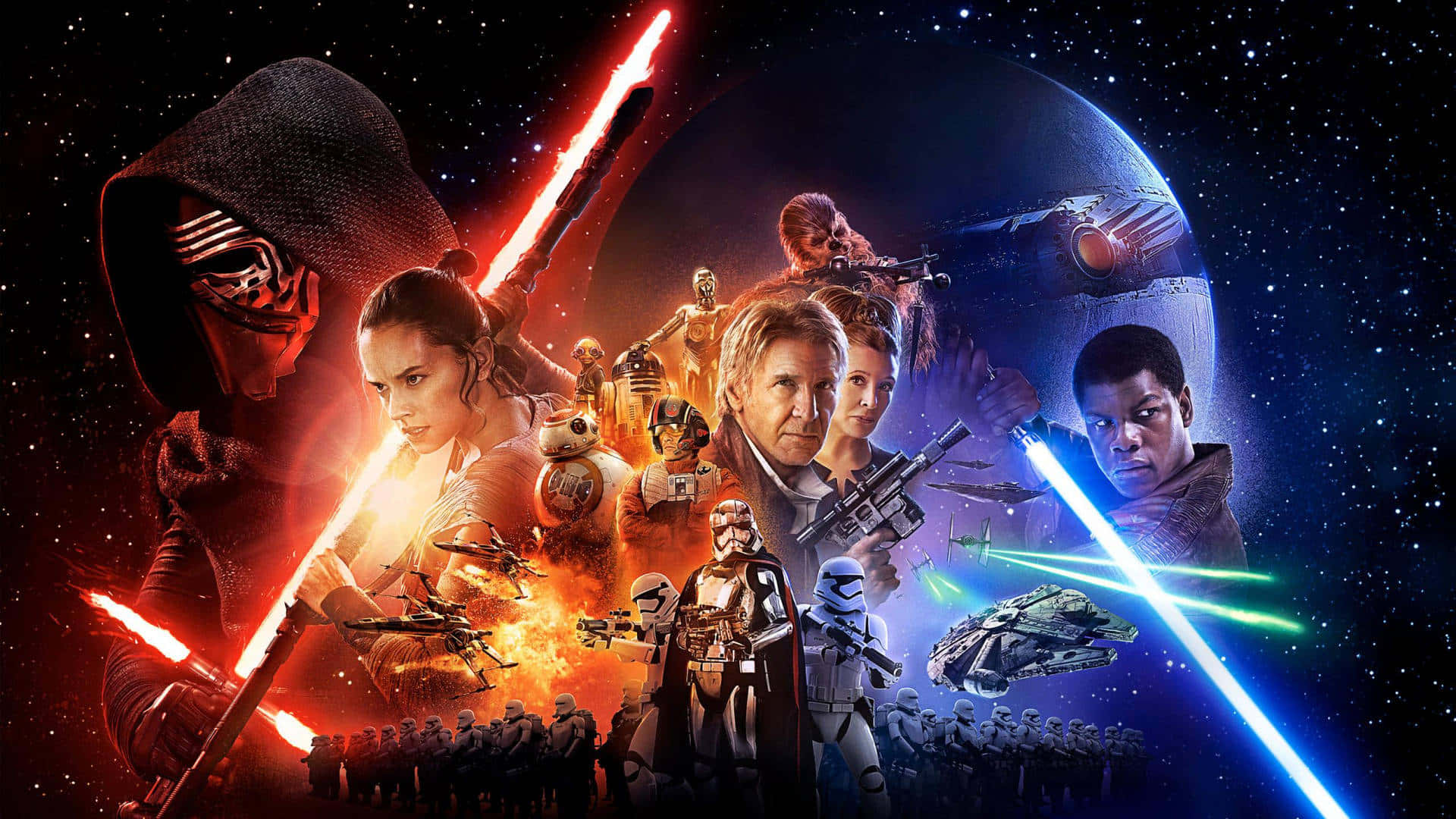 Lightsaber Duels 桌布 壁紙 — 星戰角色在宇宙背景下以光劍戰鬥，背景包括死星和星艦。