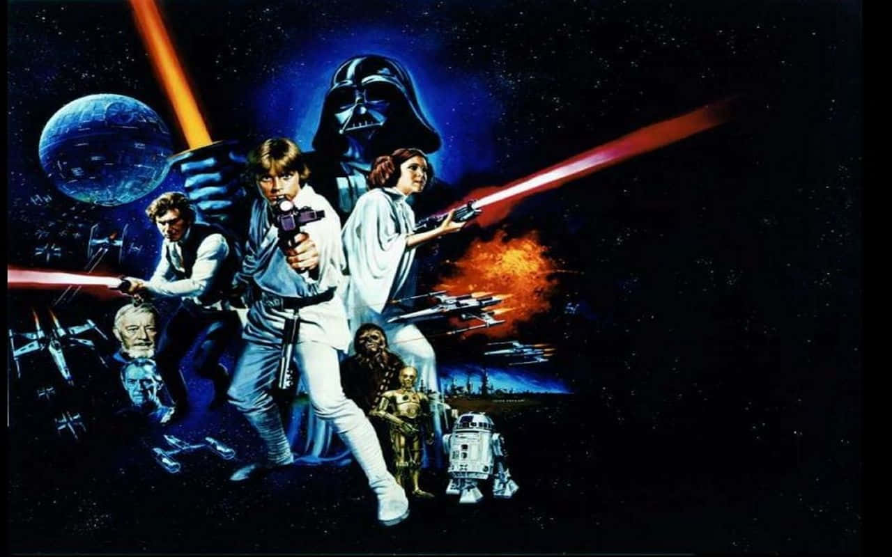 Cool Star Wars 桌布 壁紙 — 星戰角色在宇宙背景下以動感動作姿勢呈現，背景有死星和激光射線。