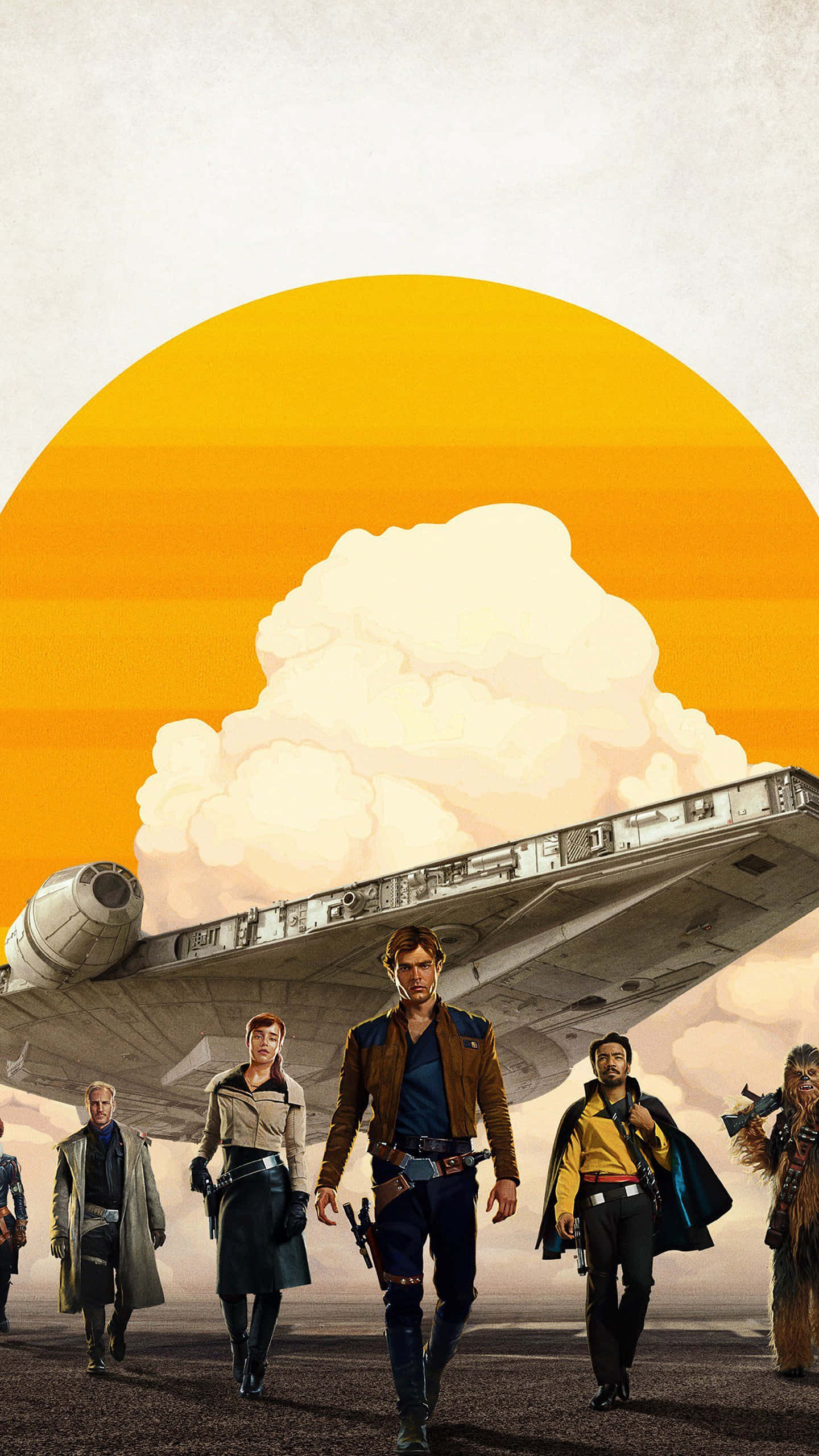Solo A Star Wars Story 桌布 壁紙 — 星戰角色在巨大的橙色太陽下，千年鷹號在頭頂飛過，向觀眾走來。