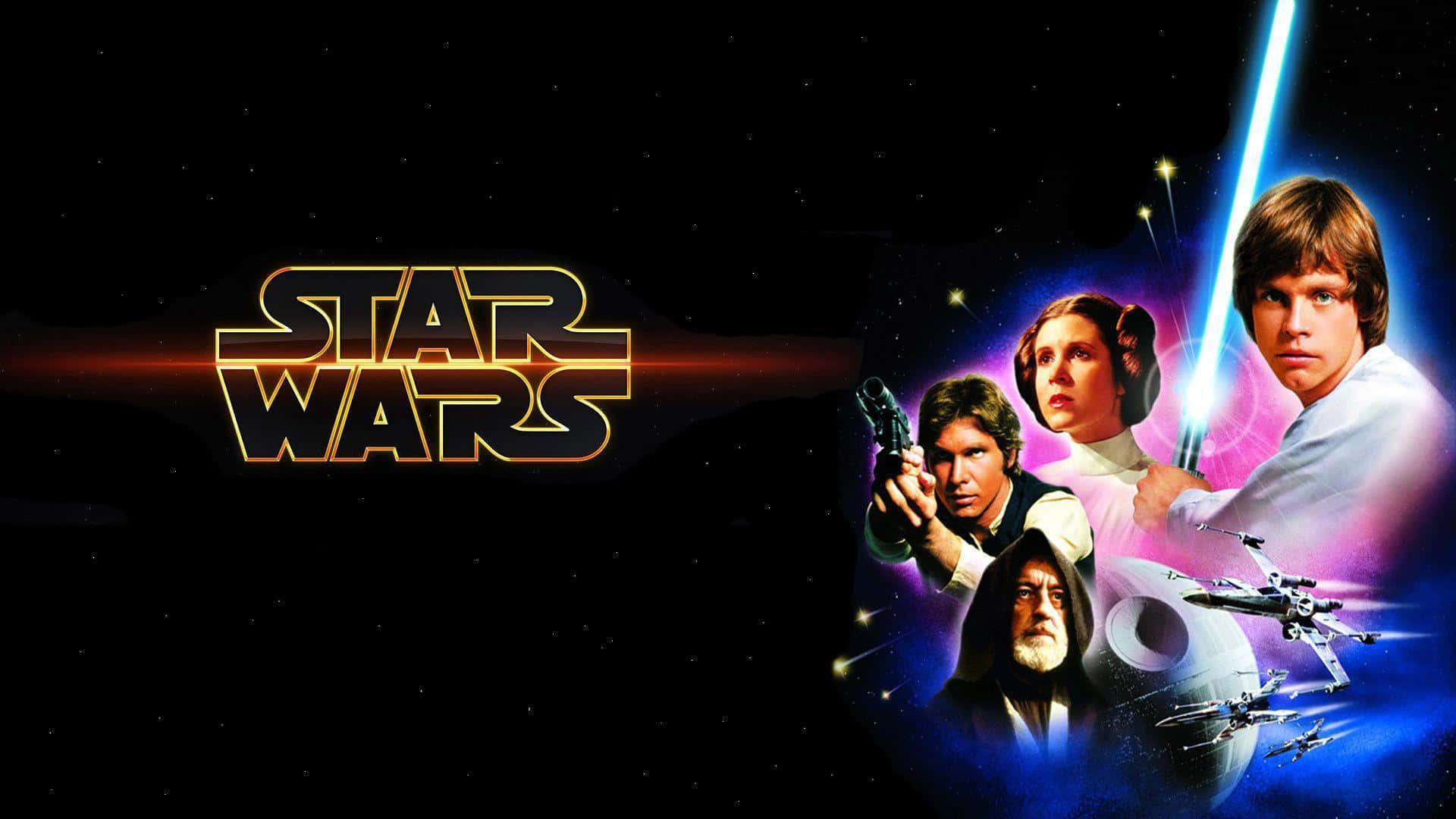 A New Hope 桌布 壁紙 — 星戰角色手持光劍和爆能槍，在星光閃爍的太空背景下，帶有標誌性標誌。