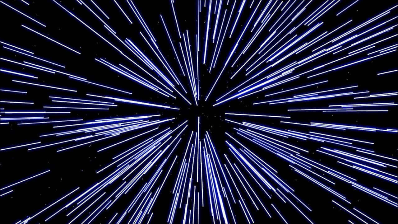 星戰銀河中的愜意太空假期 壁紙 — 在黑色星空背景下，藍色光跡向外輻射的宇宙景觀。