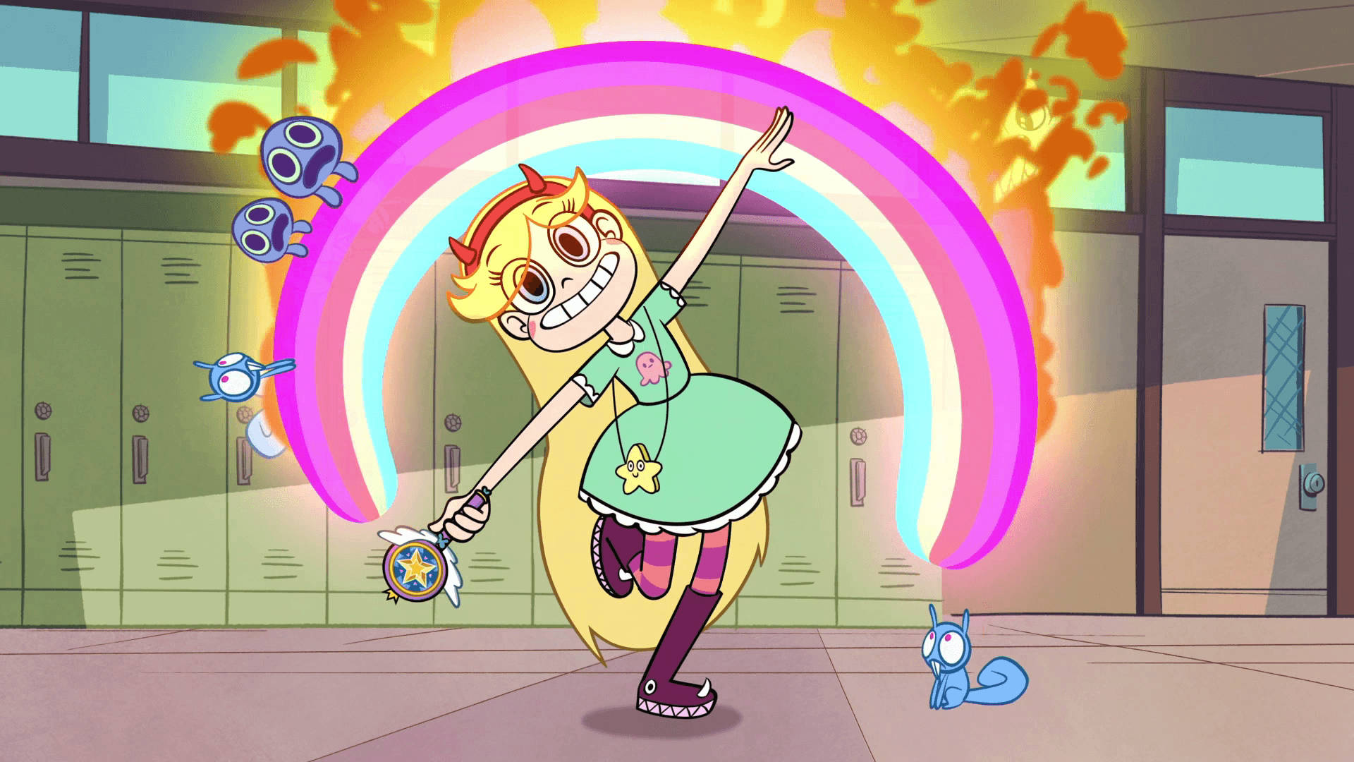 Star Butterfly 在學校走廊中用彩虹和漂浮生物表演魔法。