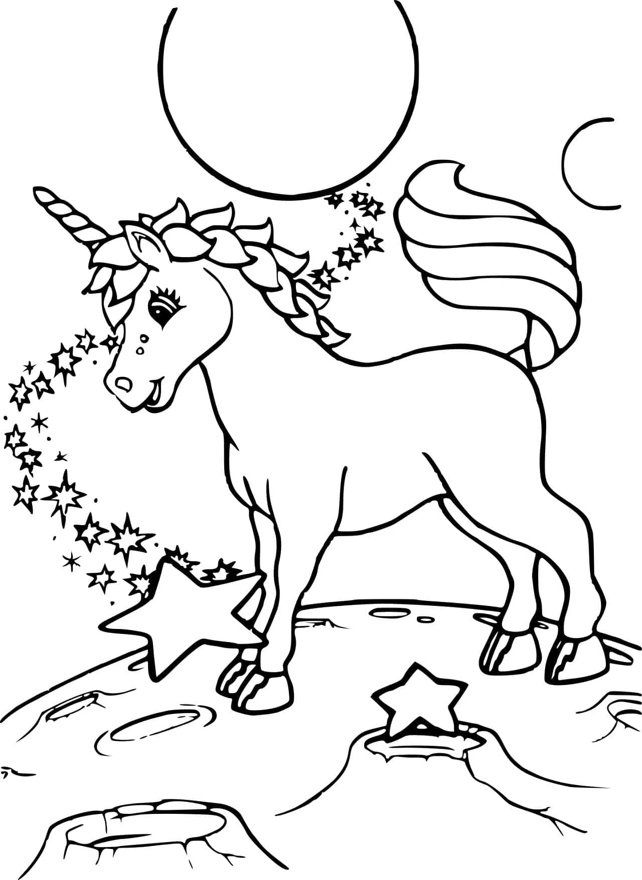 一幅黑白線條畫，描繪一隻被星星和月亮環繞的獨角獸。