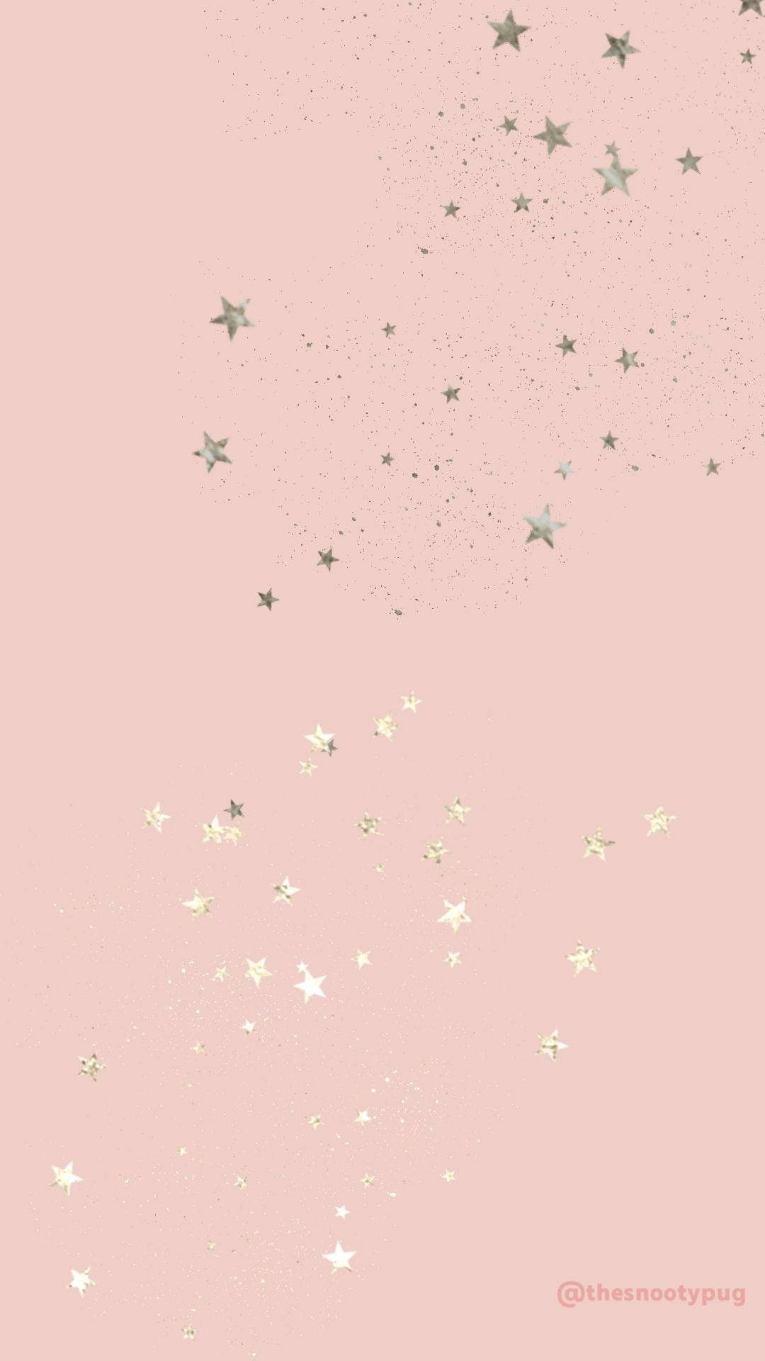 星星玫瑰金 Tumblr 壁紙 — 柔和粉紅色背景，點綴著散落的銀色和白色閃亮星星，營造出夢幻的天體效果。