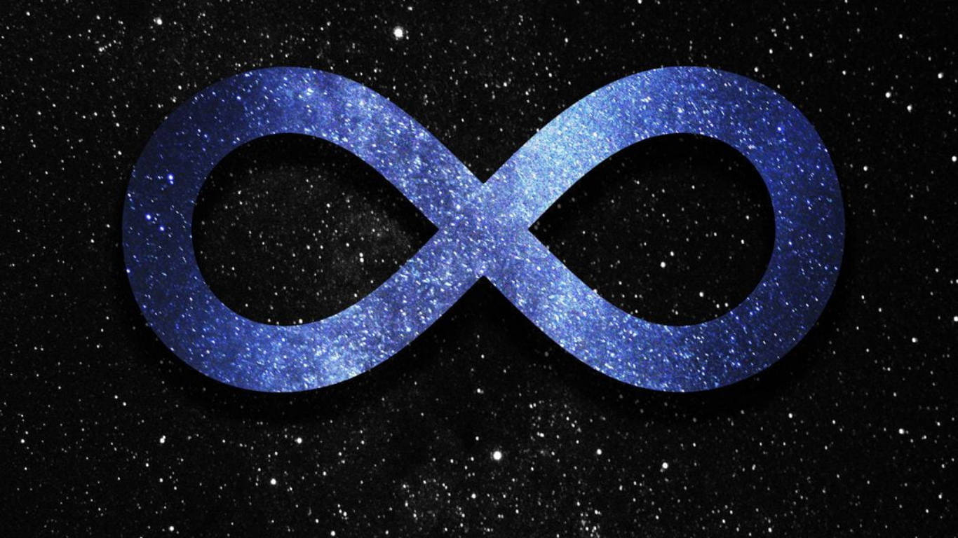 藍色無限符號帶有閃光質感，襯托著星光燦爛的夜空。
