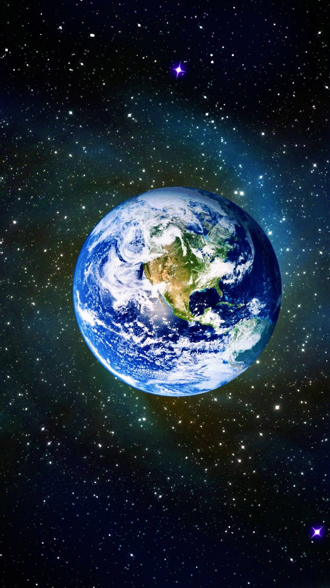 星星與地球 iPhone 6 壁紙 — 從太空俯瞰地球的壯麗景色，展現出漩渦狀的雲層、海洋和大陸，背景是星光閃爍的宇宙。