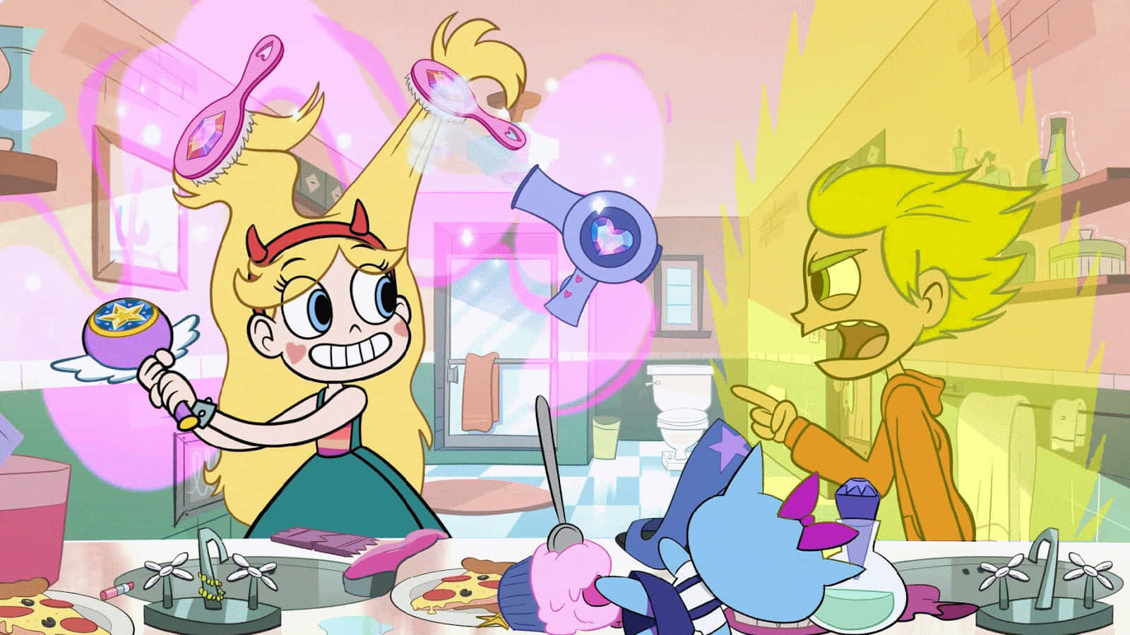 Star Vs The Forces Of Evil 桌布 壁紙 — 星星蝴蝶與她的朋友們在一個混亂、色彩繽紛的浴室中充滿活力地戰鬥，浴室裡漂浮著魔法物品和薄餅。