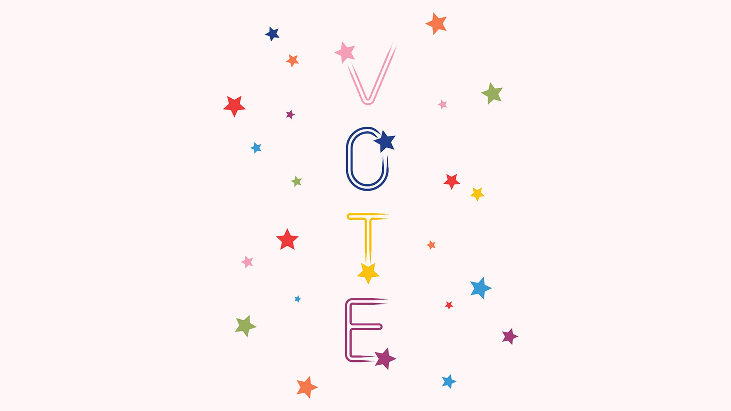 星星裝飾選舉投票藝術 壁紙 — 「VOTE」一詞以色彩繽紛的風格化字體呈現，周圍散落著多色星星，背景為柔和的粉紅色。