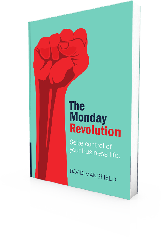 星期一革命 書封 壁紙 — 一個大膽的紅色拳頭在名為 'The Monday Revolution' 的藍綠色書封上揚起，下方有反射的白色表面。