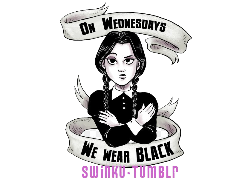 星期三·亞當斯黑色服裝格言 壁紙 — Wednesday Addams 的風格化黑白插圖，梳著辮子，雙臂交叉，下方有寫著「ON WEDNESDAYS」和「WE WEAR BLACK」的橫幅。