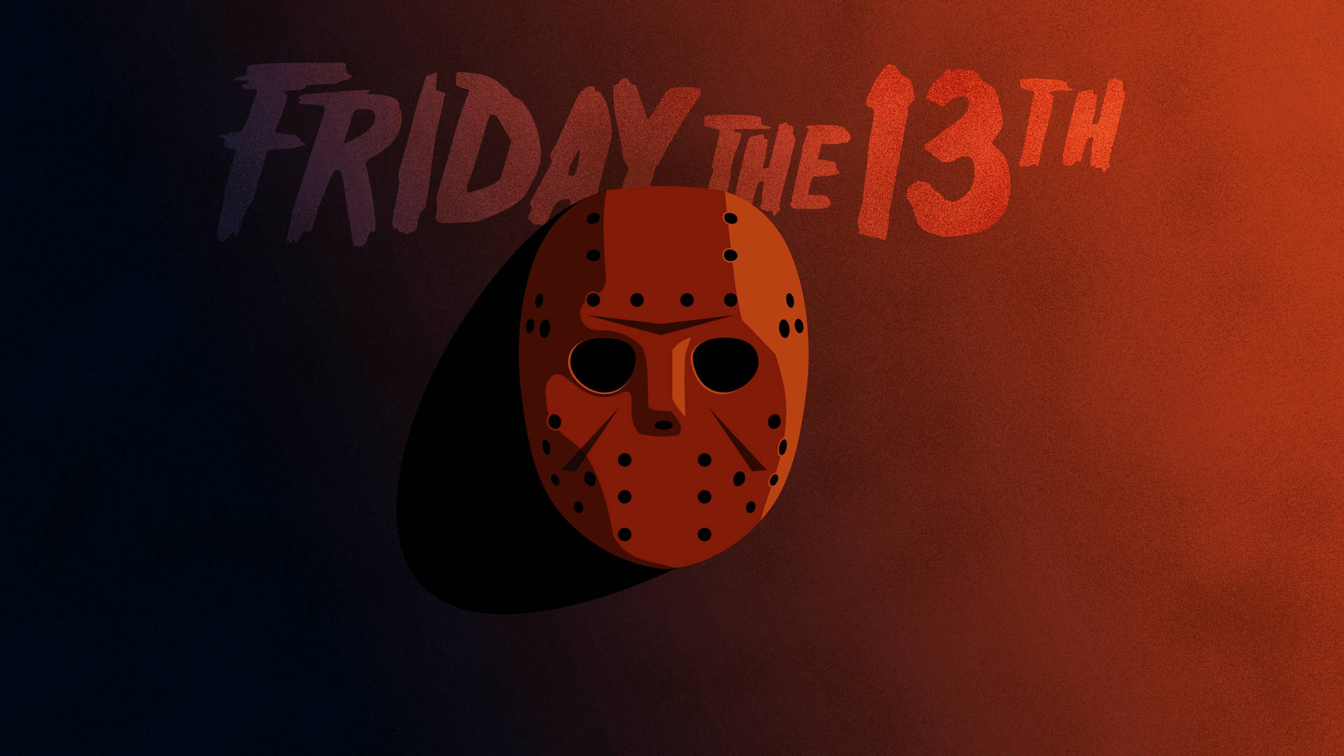 Friday the 13th恐怖電影標題，帶有標誌性橙色曲棍球面具，背景為紅黑漸變。