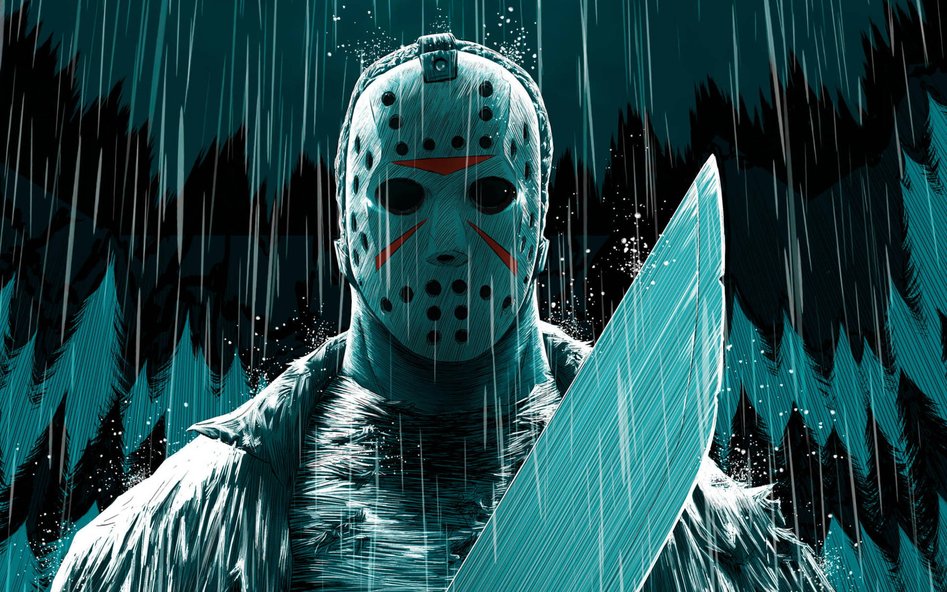 Jason Voorhees 在暴雨中於黑暗森林裡拿著一把刀。
