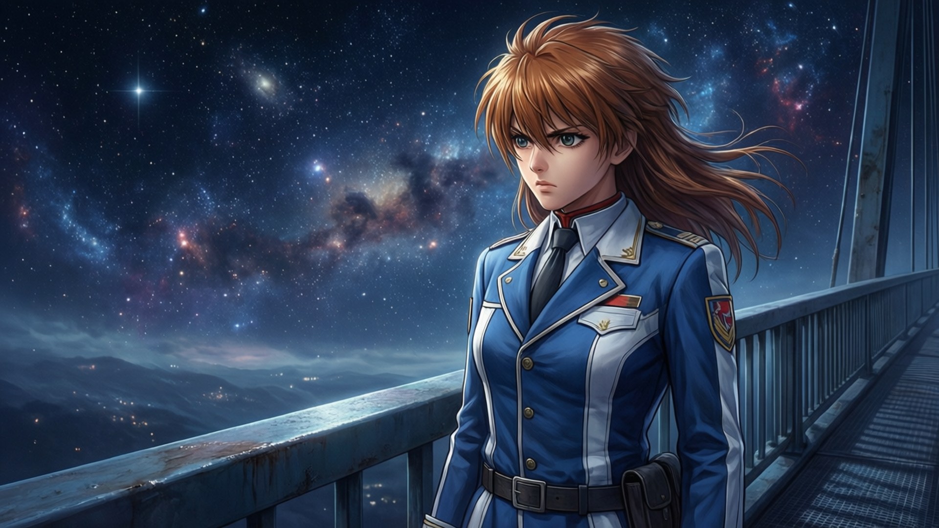 星橋 壁紙 — 一個堅定的動畫士兵，身穿藍色制服，站在一座橋上，俯瞰著星空銀河和遠處的山脈。