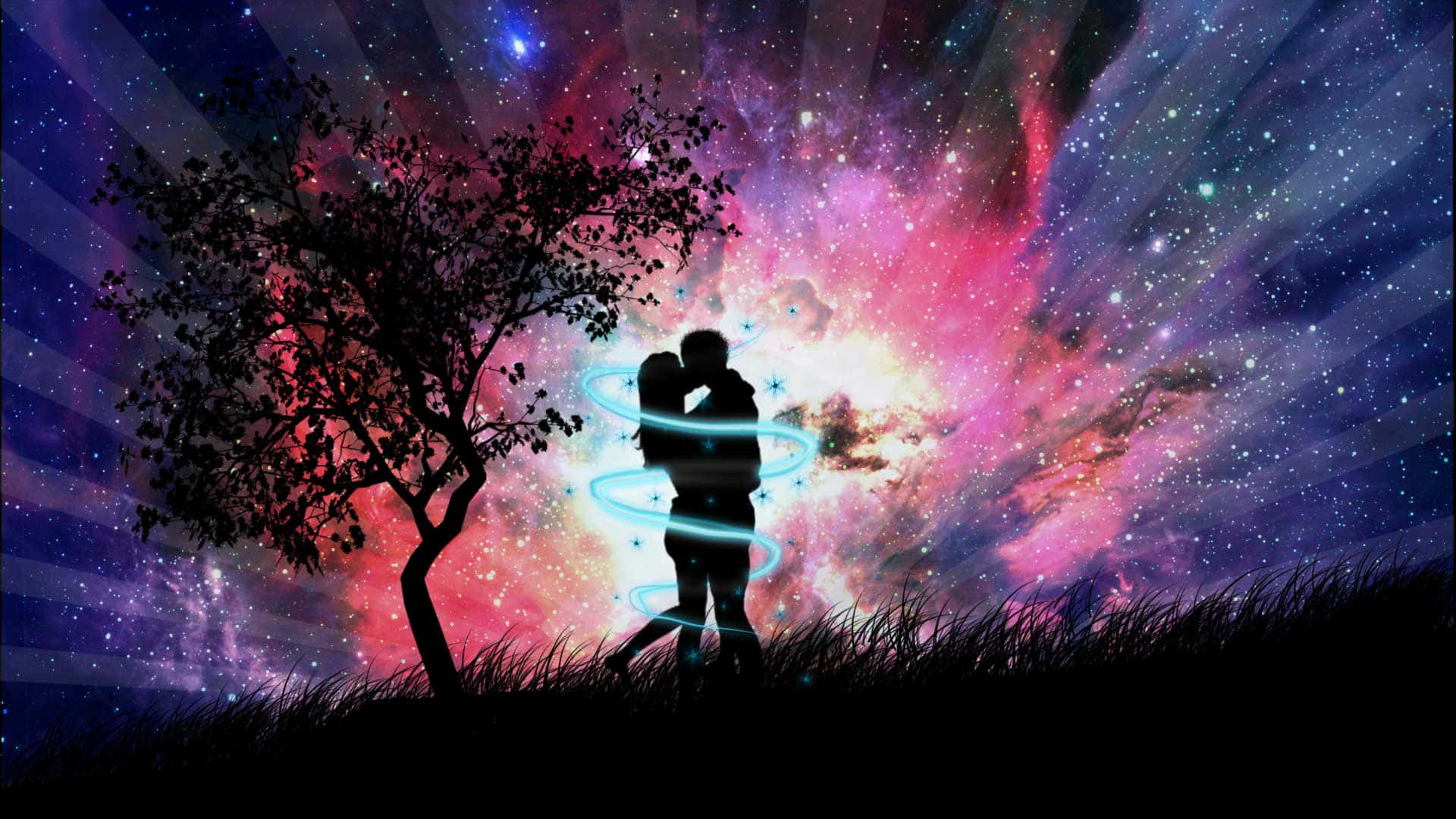 星河光爆下的浪漫之吻 壁紙 — 一對剪影情侶在充滿活力的宇宙天空下擁抱，旁邊有一棵發光的樹。