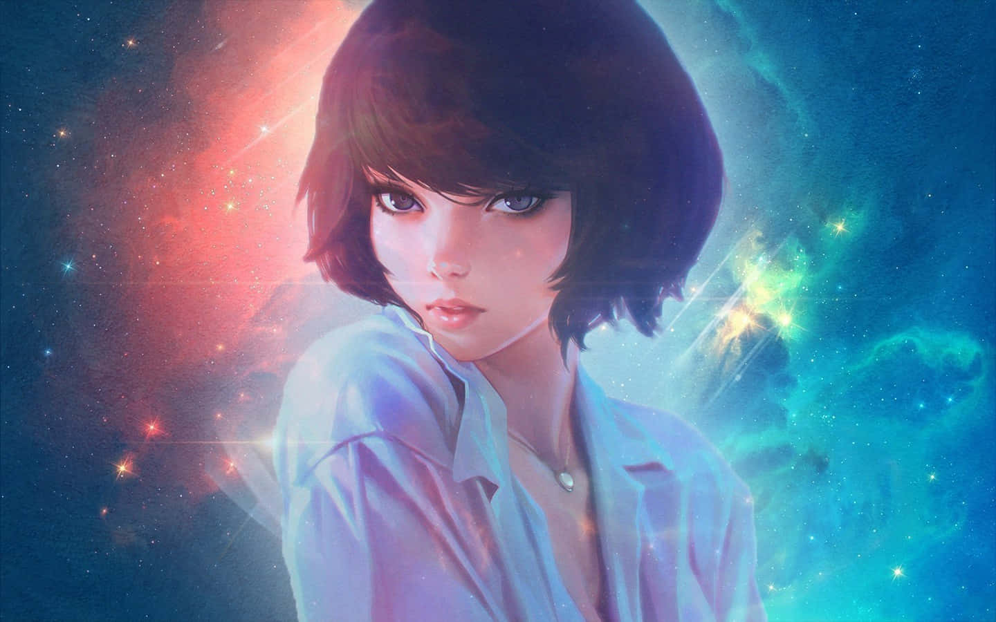 星河動漫可愛女孩 壁紙 — 一位短黑髮的年輕女性在充滿發光星雲和星星的鮮豔宇宙背景下向前凝視。