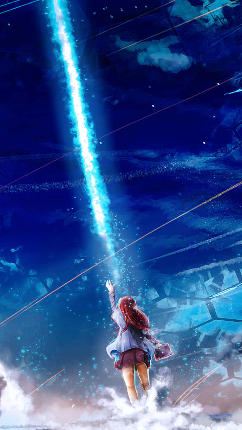 星河動漫藍光 壁紙 — 一個紅髮女孩穿著校服，向上伸向一道穿過充滿漂浮碎片的深藍色天空的發光藍色光束。