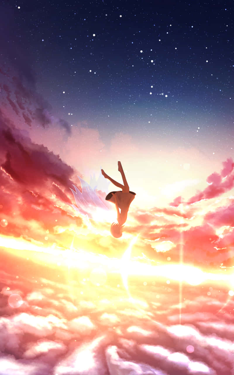 星河動漫黃日雲朵 壁紙 — 一個孤獨的身影跳躍穿過充滿發光雲彩和閃爍星星的 vibrant 日落天空。