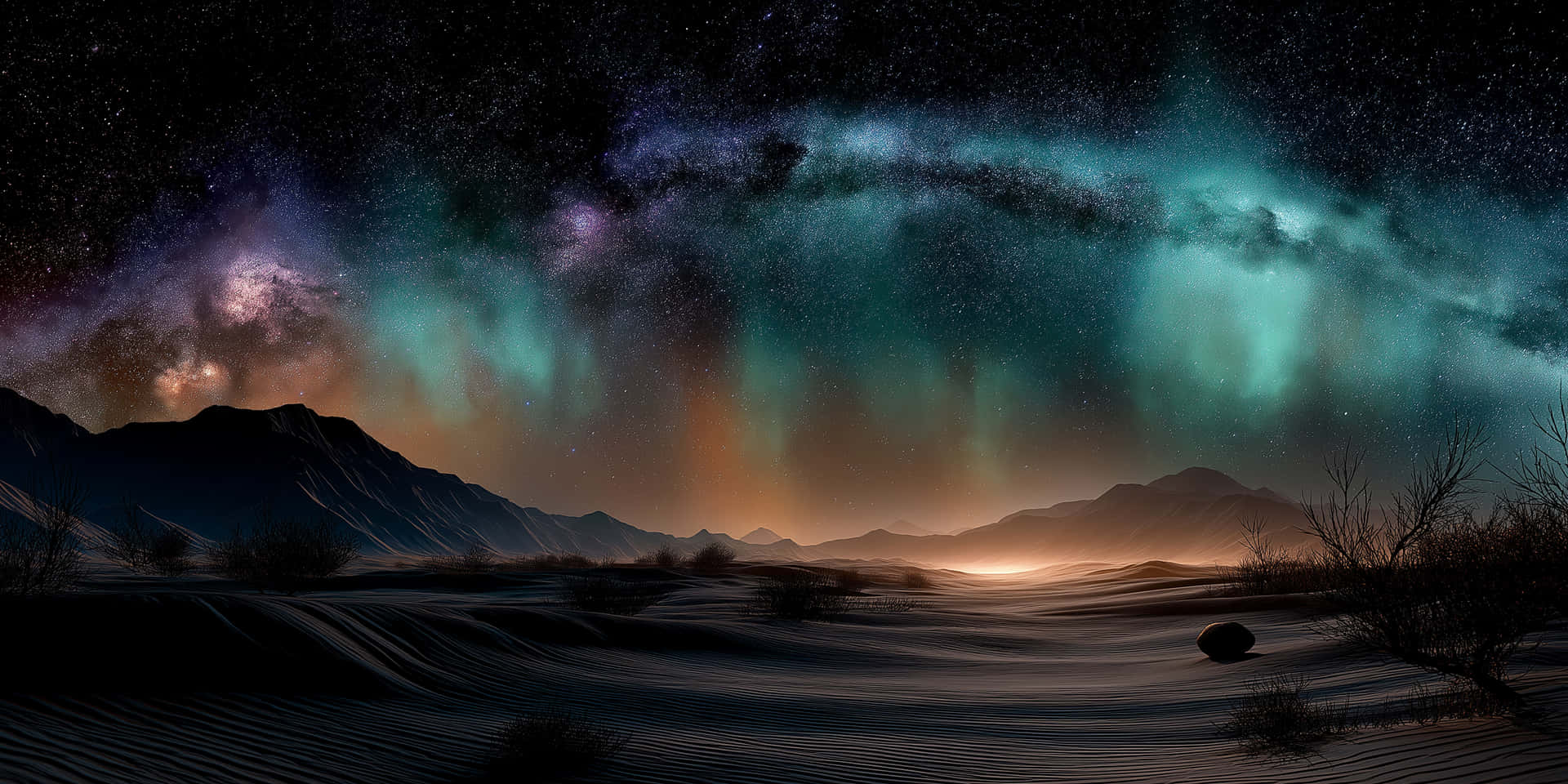 星河璀璨下的超現實夜景 壁紙 — 沙漠景觀，在充滿活力的極光和星空下，山巒呈現剪影。