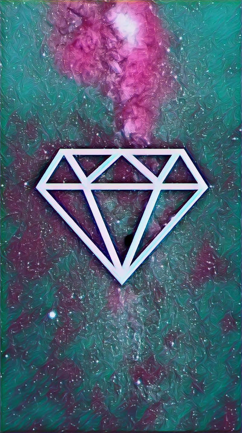 一個白色輪廓的鑽石，置於色彩繽紛的宇宙背景中，帶有星星。